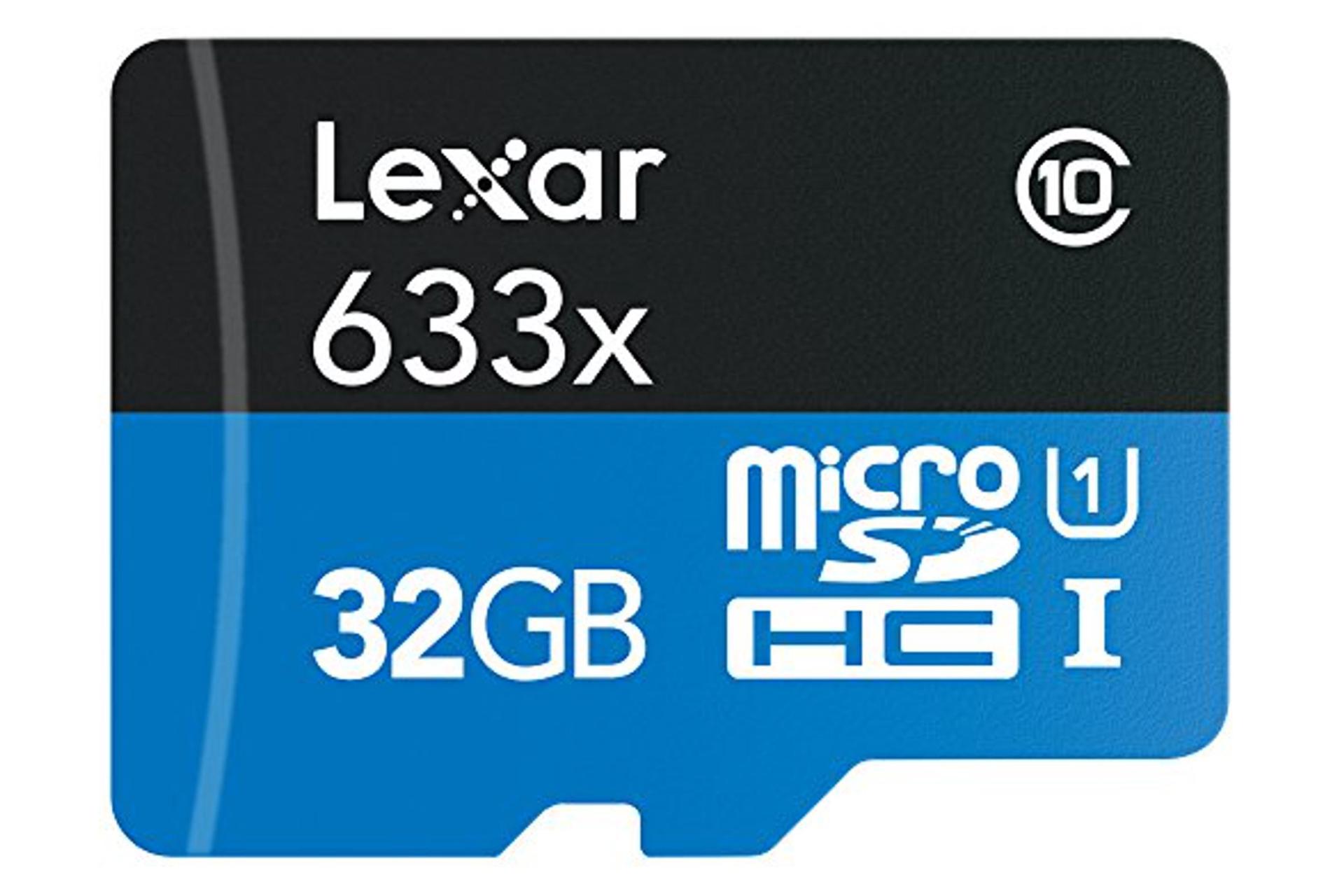 نمای روبرو کارت حافظه لکسار microSDHC با ظرفیت 32 گیگابایت مدل High Performance 633x A1 کلاس 10