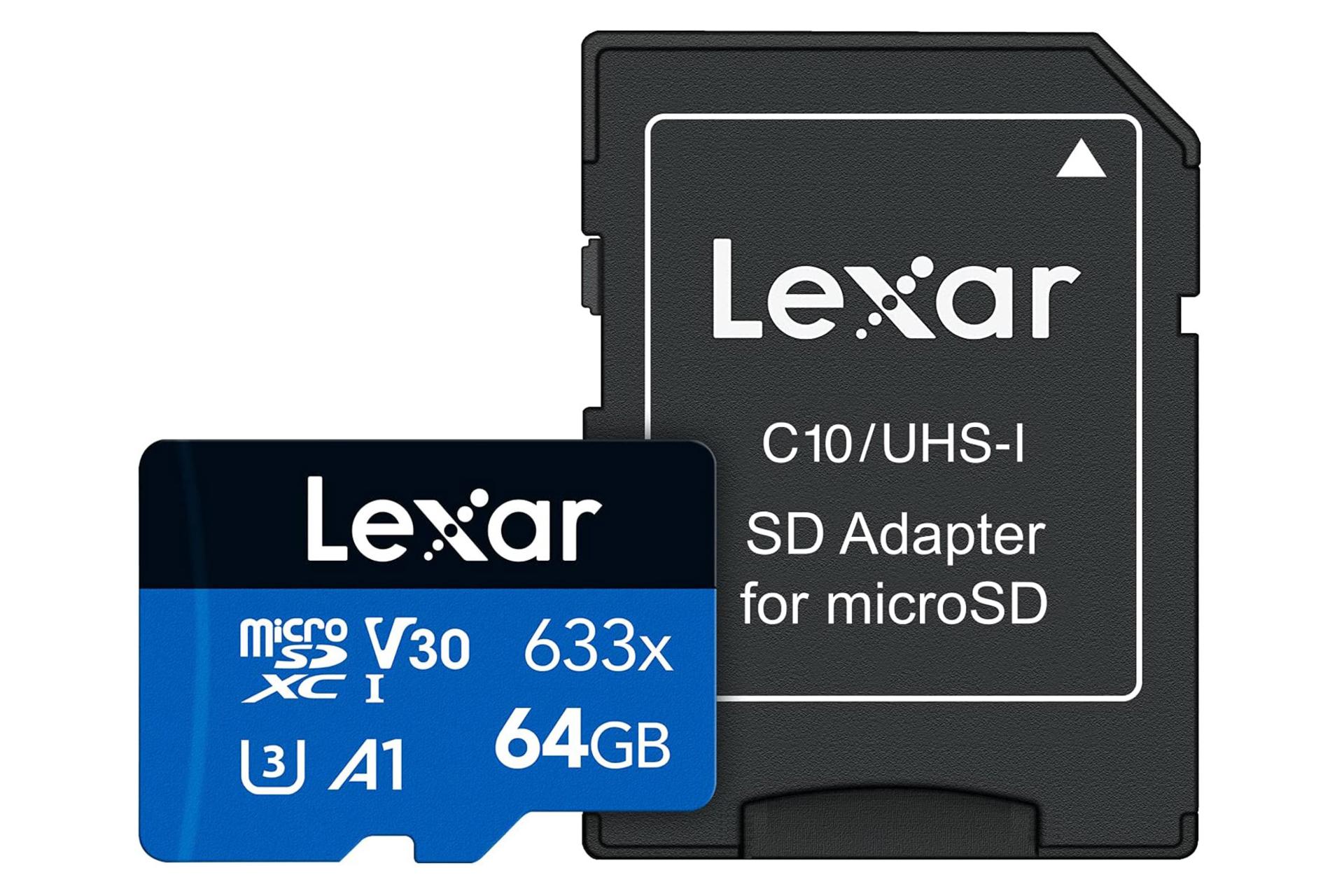 کارت حافظه لکسار microSDHC با ظرفیت 64 گیگابایت مدل High Performance 633x A1 کلاس 10 همراه آداپتور