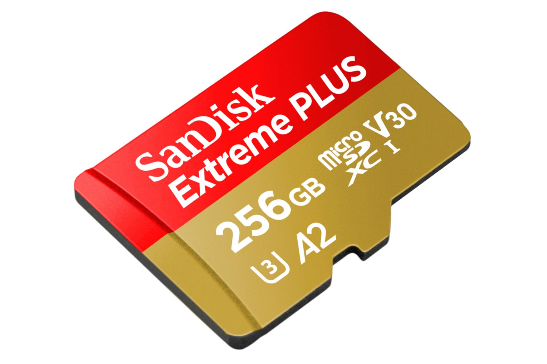 نمای جانبی کارت حافظه سن دیسک microSDXC با ظرفیت 256 گیگابایت مدل Extreme V30 A2 کلاس 10