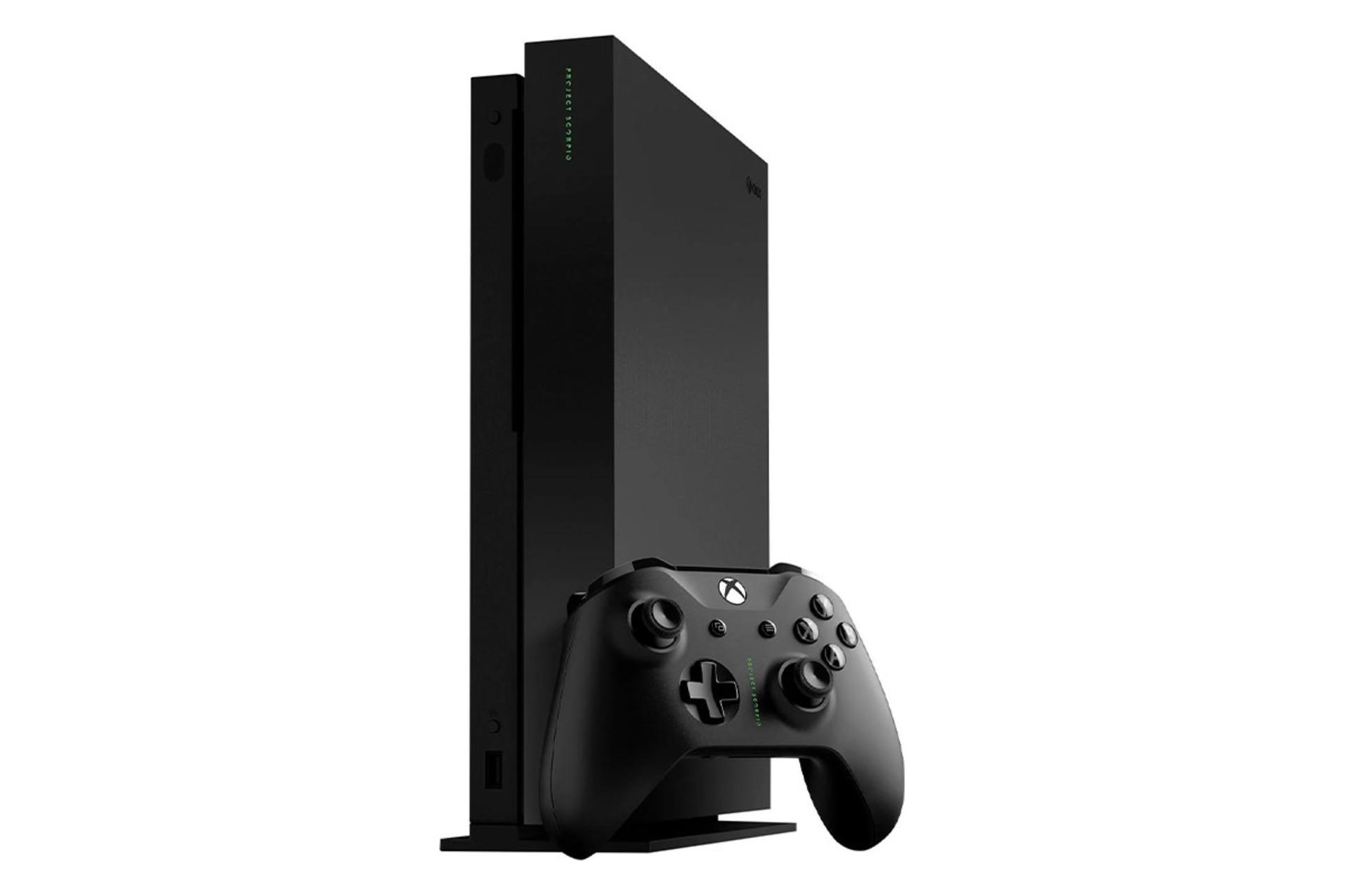 ایکس باکس وان ایکس مایکروسافت نمای جلو با دسته حالت ایستاده / Microsoft Xbox One X