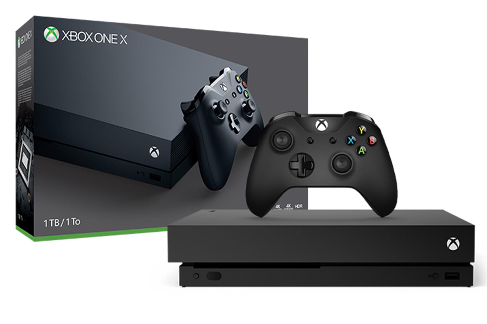 ایکس باکس وان ایکس مایکروسافت نمای جلو با دسته و جعبه / Microsoft Xbox One X