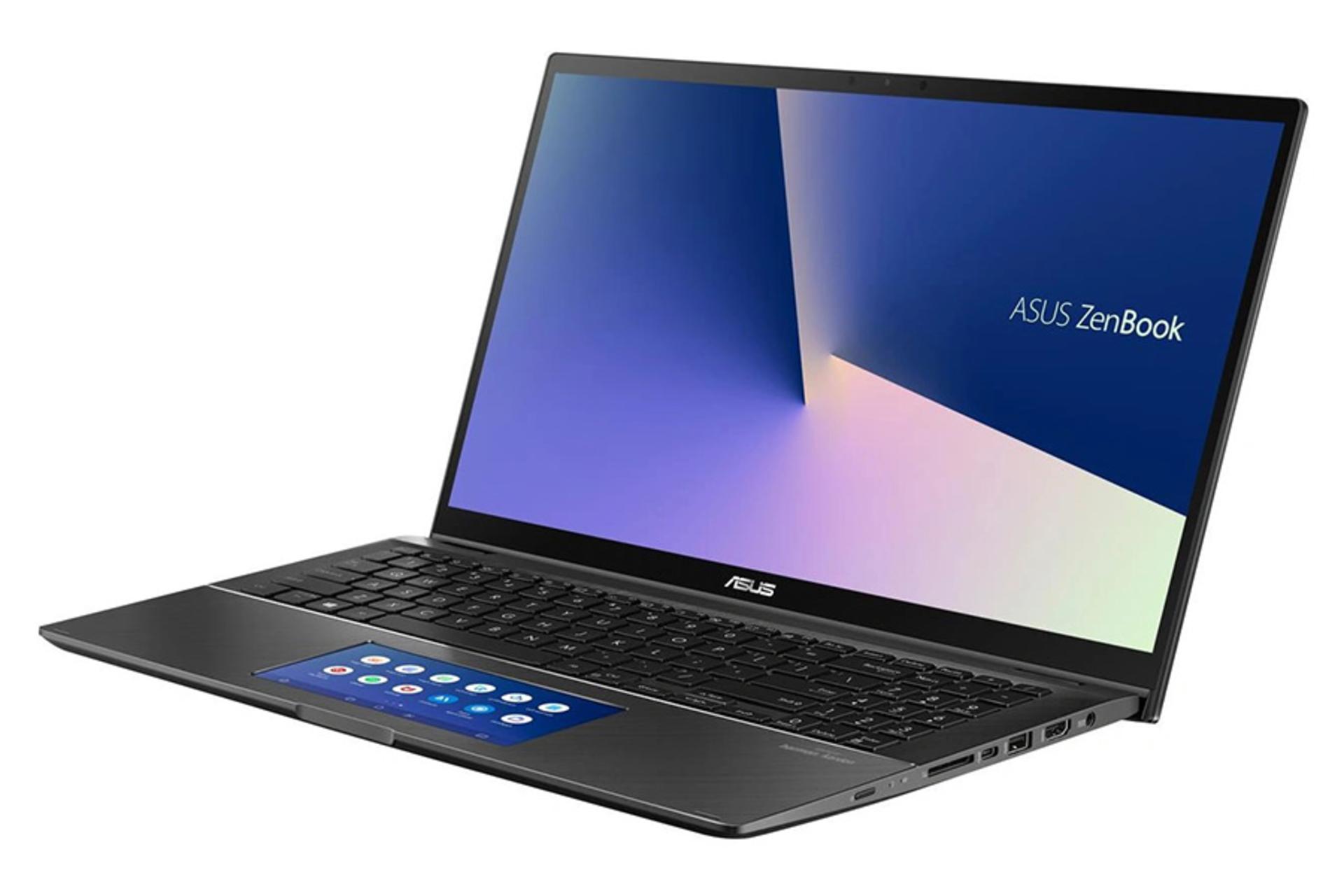 لپ‌تاپ ذن بوک فلیپ UX563FD ایسوس نمای بغل صفحه کلید و صفحه نمایش تاچ پد دارای صفحه نمایش و پورت ها