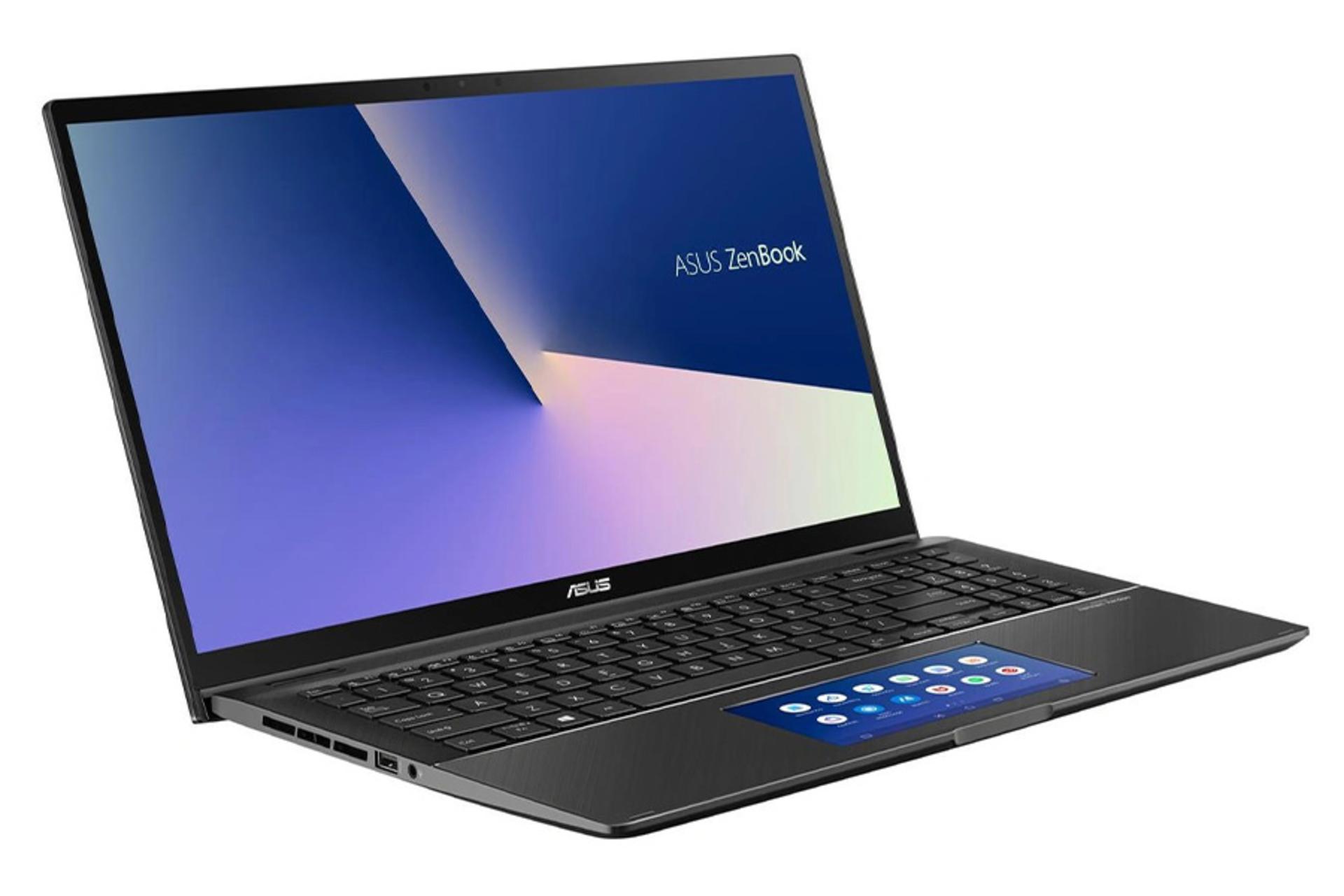 لپ‌تاپ ذن بوک فلیپ UX563FD ایسوس نمای بغل صفحه کلید و صفحه نمایش تاچ پد دارای صفحه نمایش و پورت ها