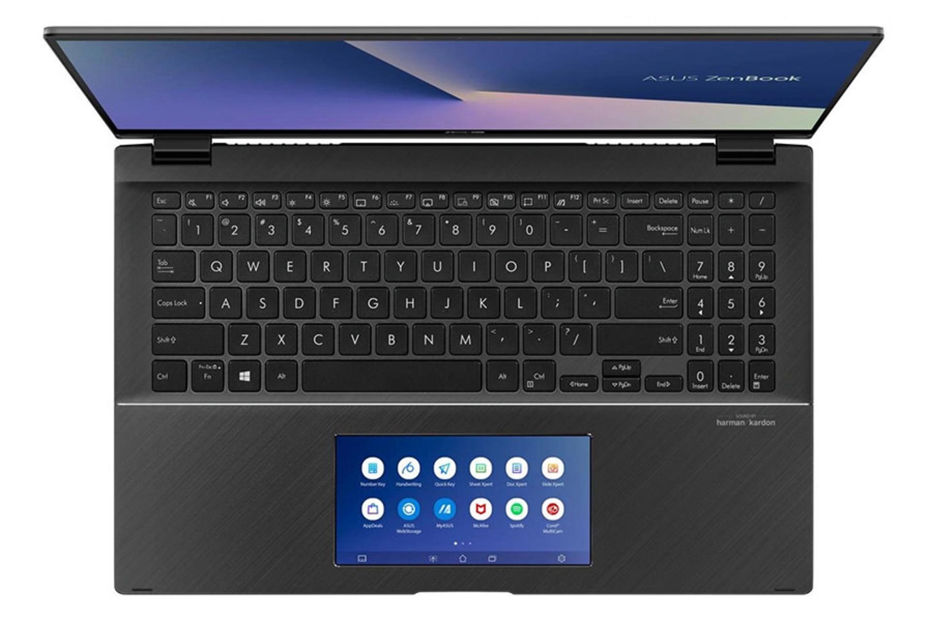 لپ‌تاپ ذن بوک فلیپ UX563FD ایسوس نمای بالا صفحه کلید و صفحه نمایش تاچ پد دارای صفحه نمایش / ASUS Z