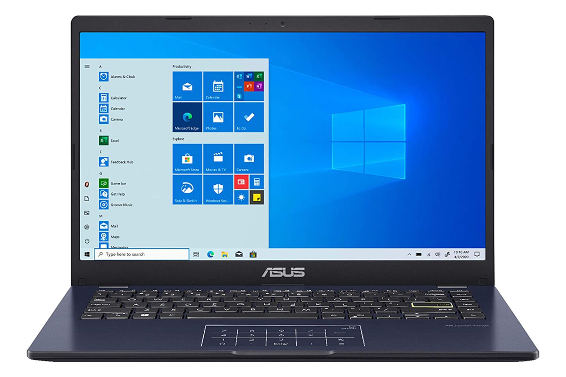 نمای جلو لپ تاپ ایسوس E410MA با صفحه روشن