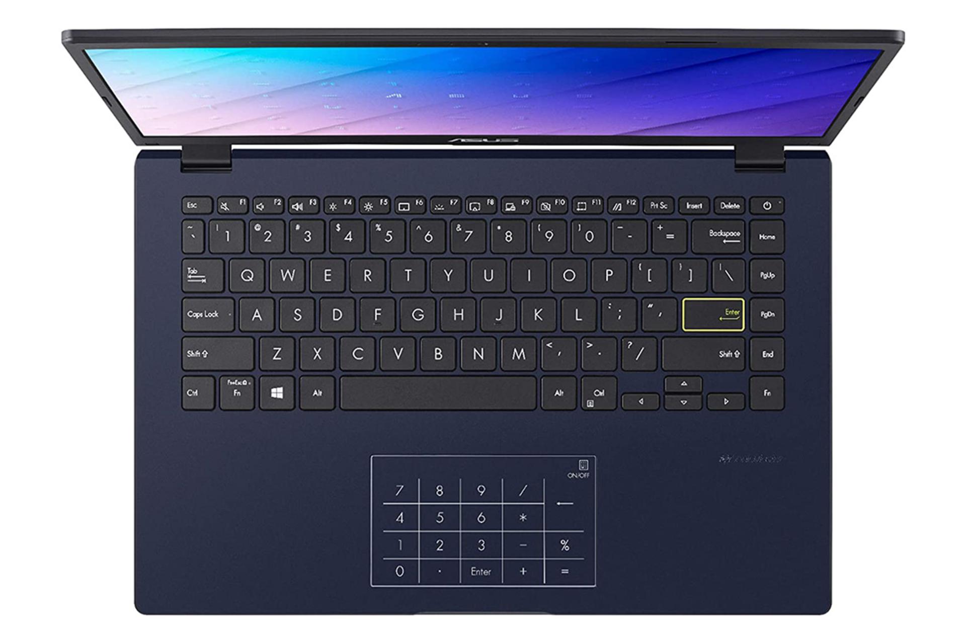 نمای بالا لپ تاپ ایسوس E410MA و نمایش کیبورد و تاچ پد