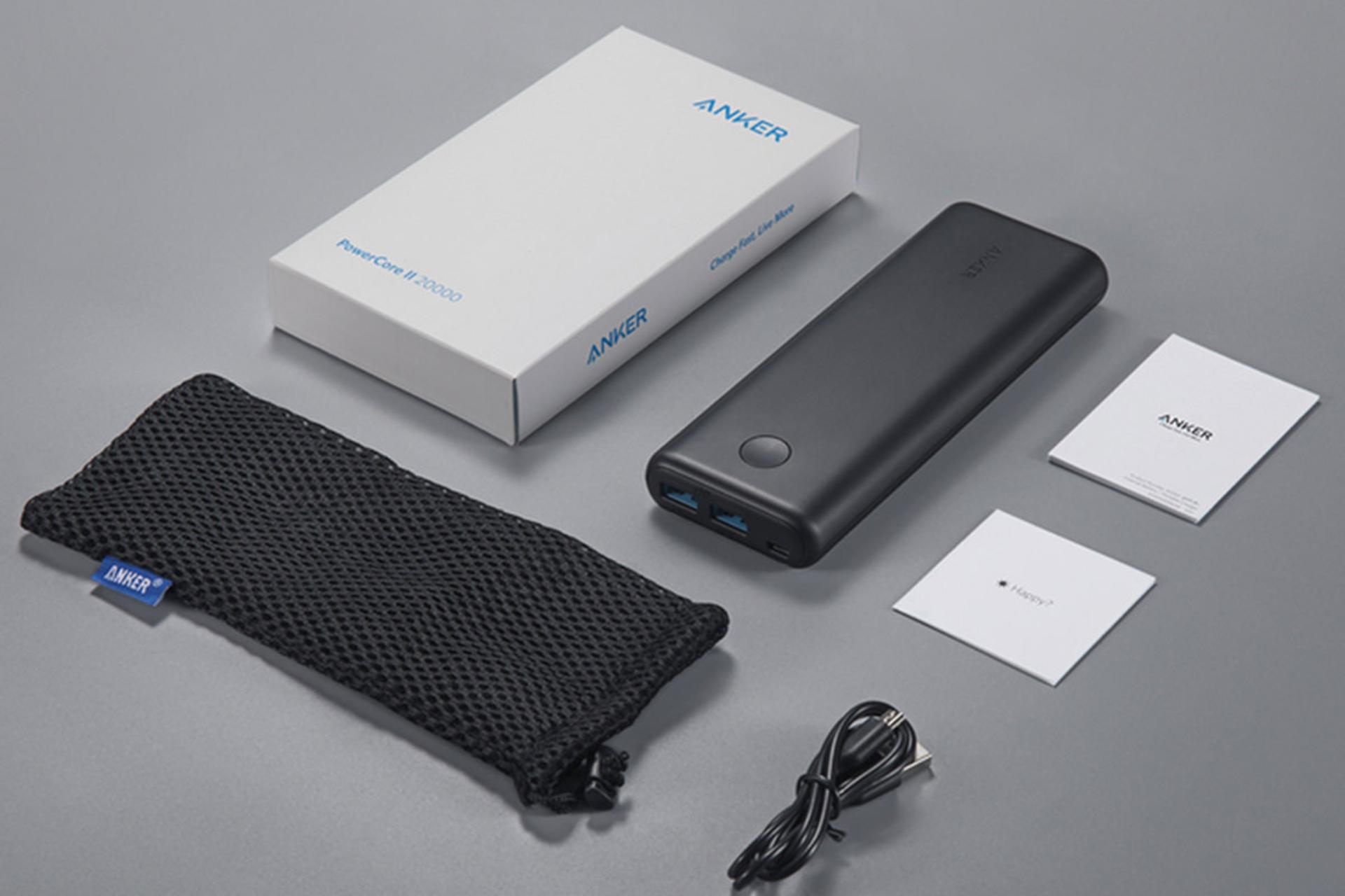 محتویات جعبه و اقلام همراه پاوربانک انکر مدل Anker PowerCore II 20000 با ظرفیت 20000 میلی‌آمپر ساع