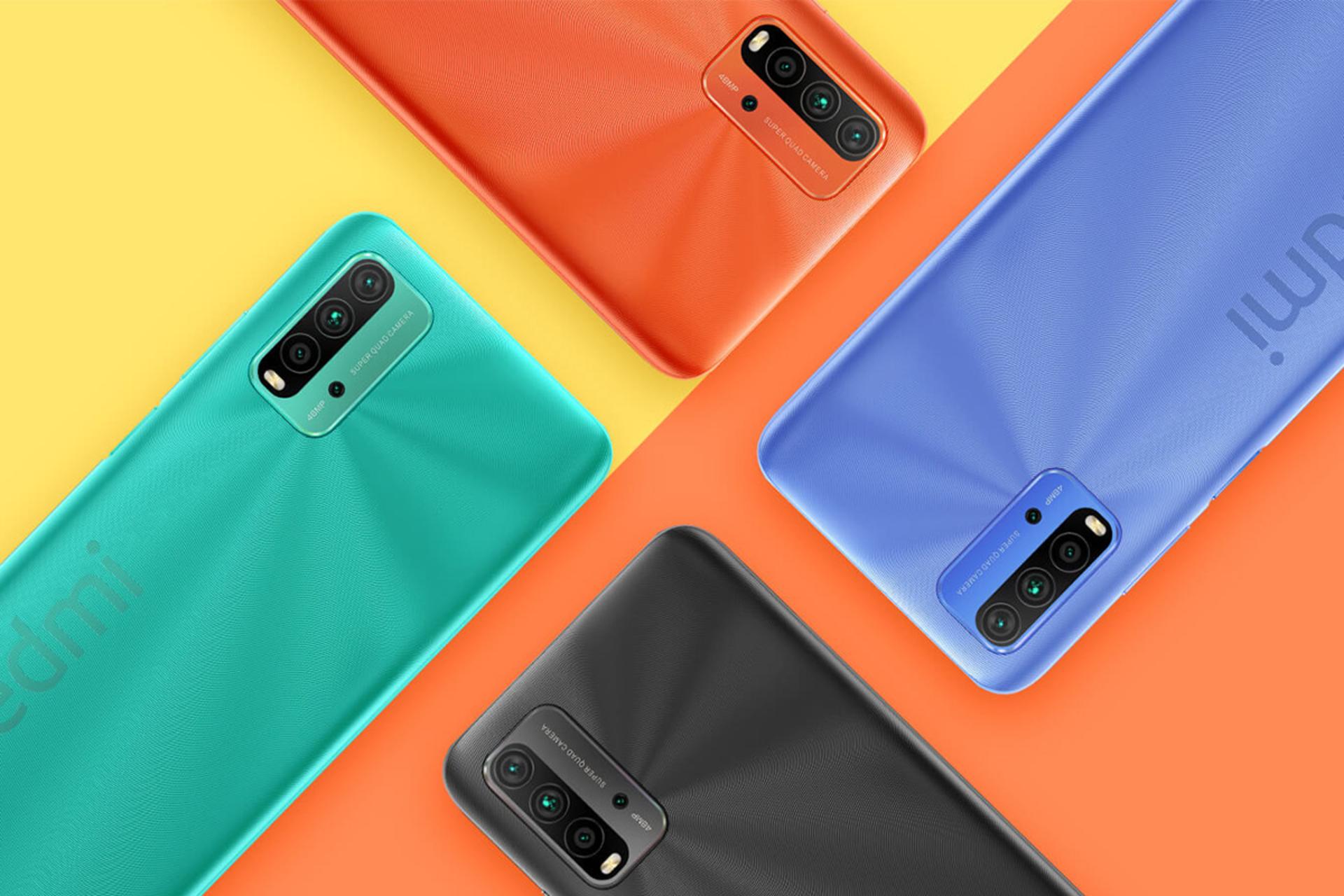 نمای دوربین گوشی شیائومی ردمی 9T رنگ نارنجی در رنگ های آبی سبز نارنجی و مشکی