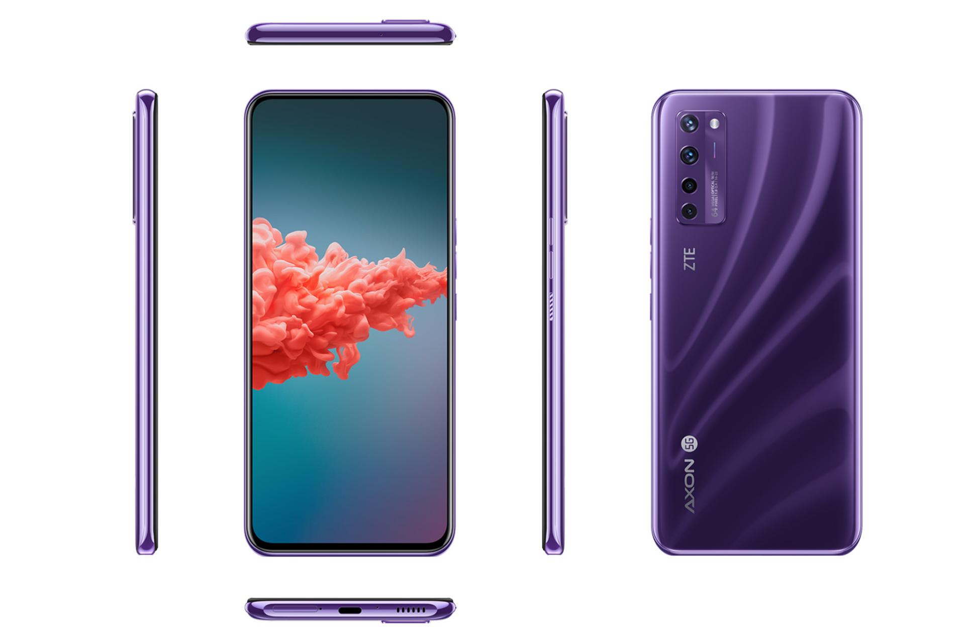 نما جلو، پشت و لبه ها گوشی زد تی ای ZTE Axon 20 5G با رنگ بنفش
