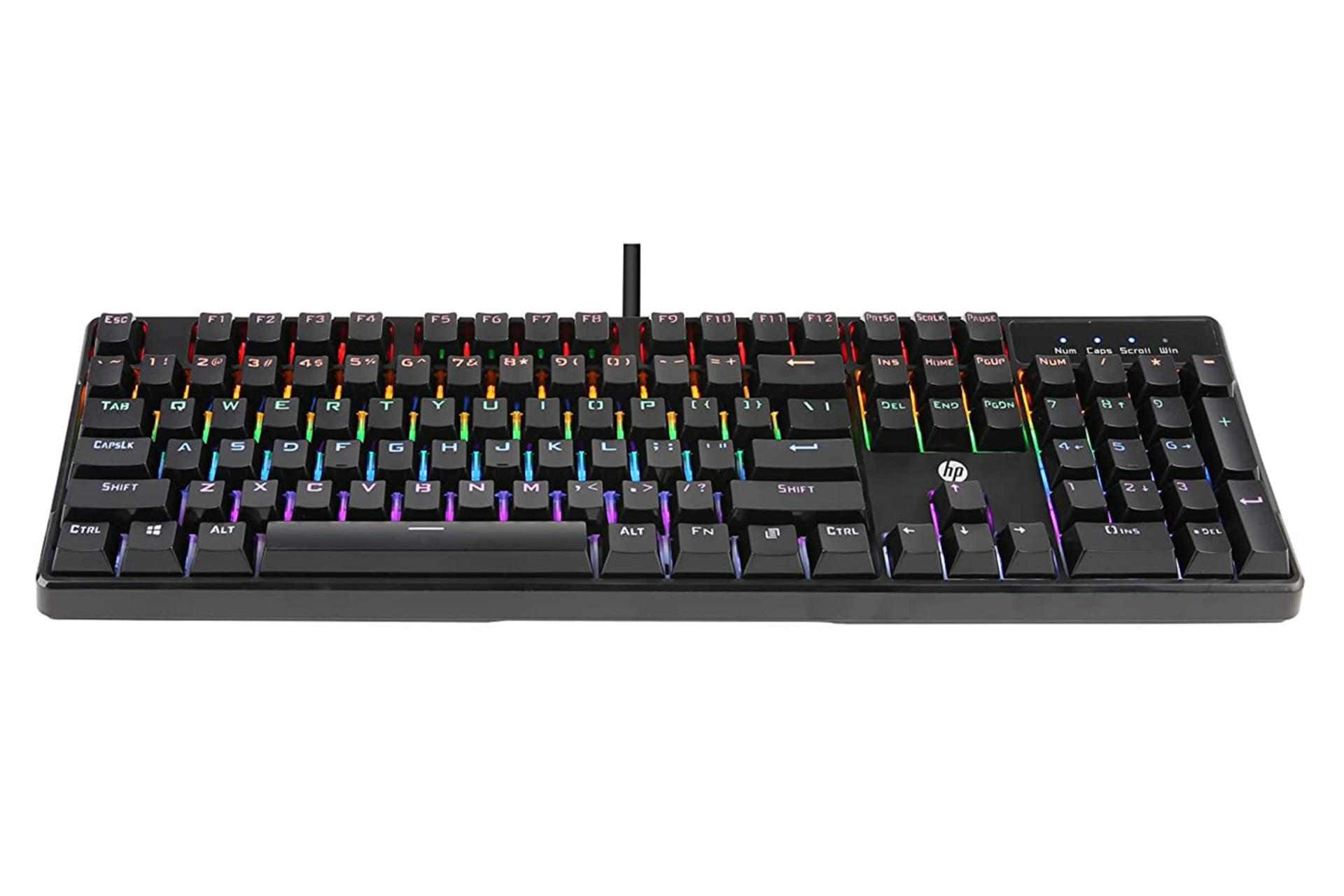 کیبورد اچ پی GK320 از نمای پایین با نور پس زمینه روشن