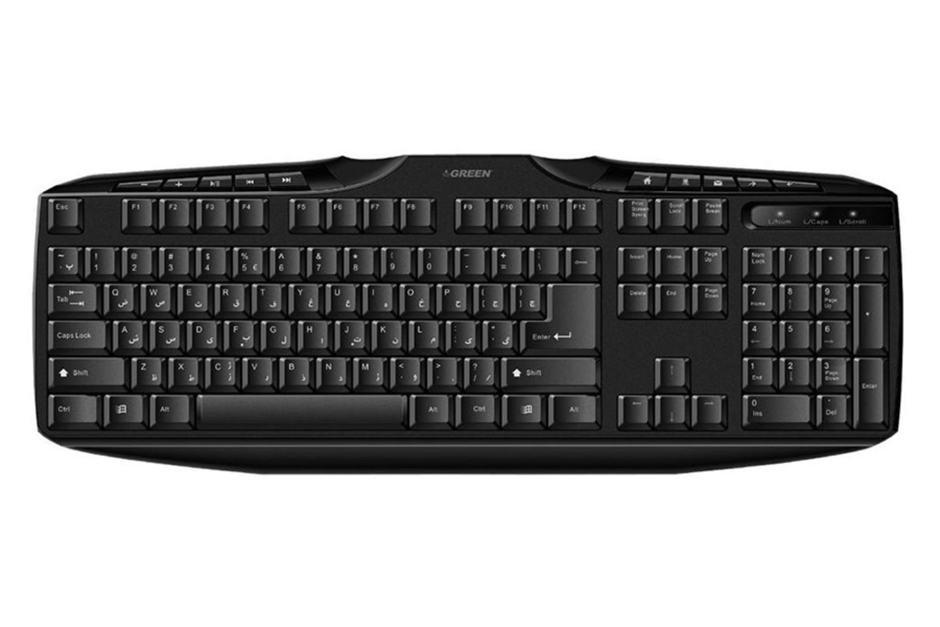 نمای بالا کیبورد گرین GK302 رنگ مشکی و نمایش دکمه ها