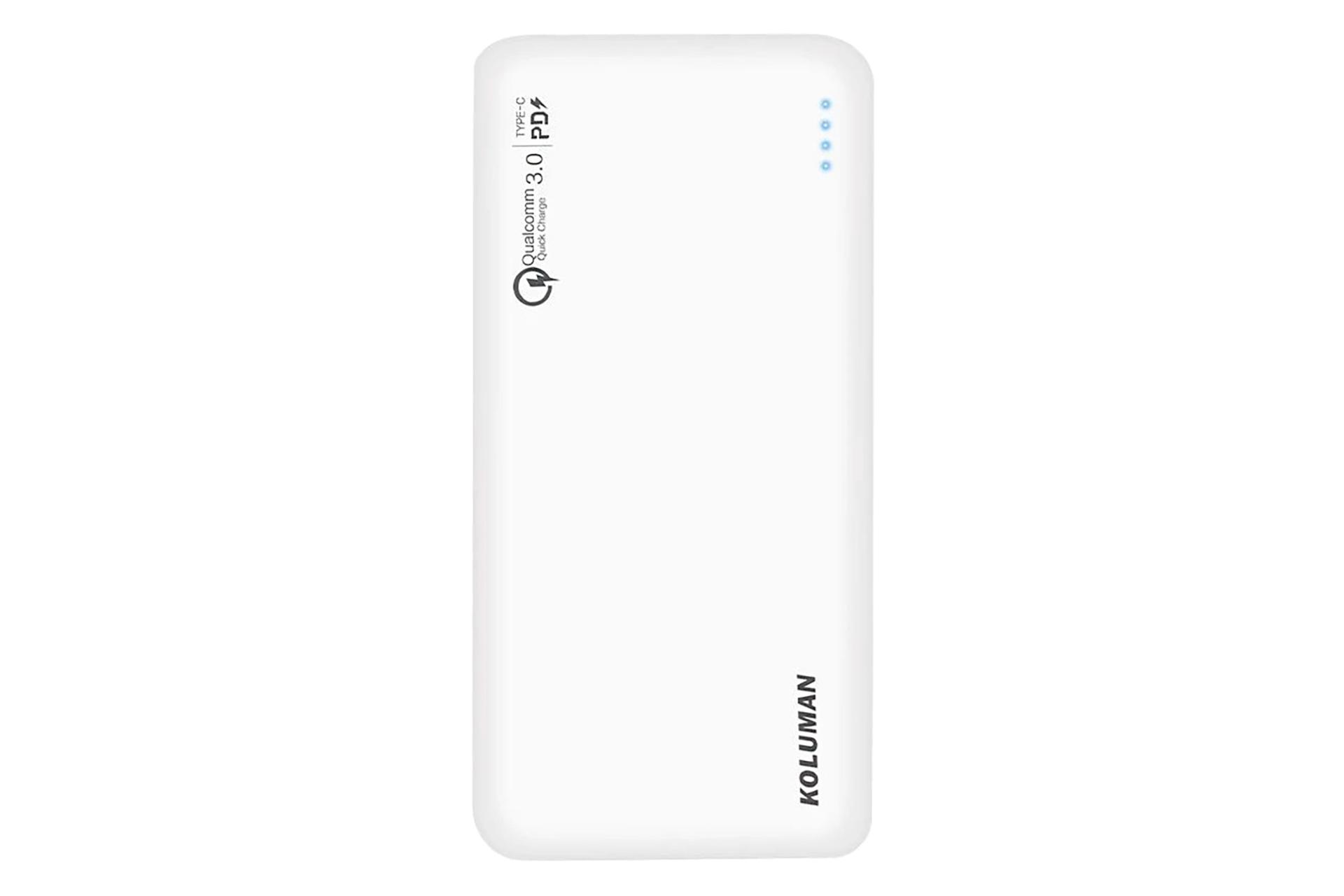 نمای روبرو پاور بانک کلومن KP-355 با ظرفیت 10000 میلی‌آمپر ساعت Koluman KP-355 10000mAh سفید