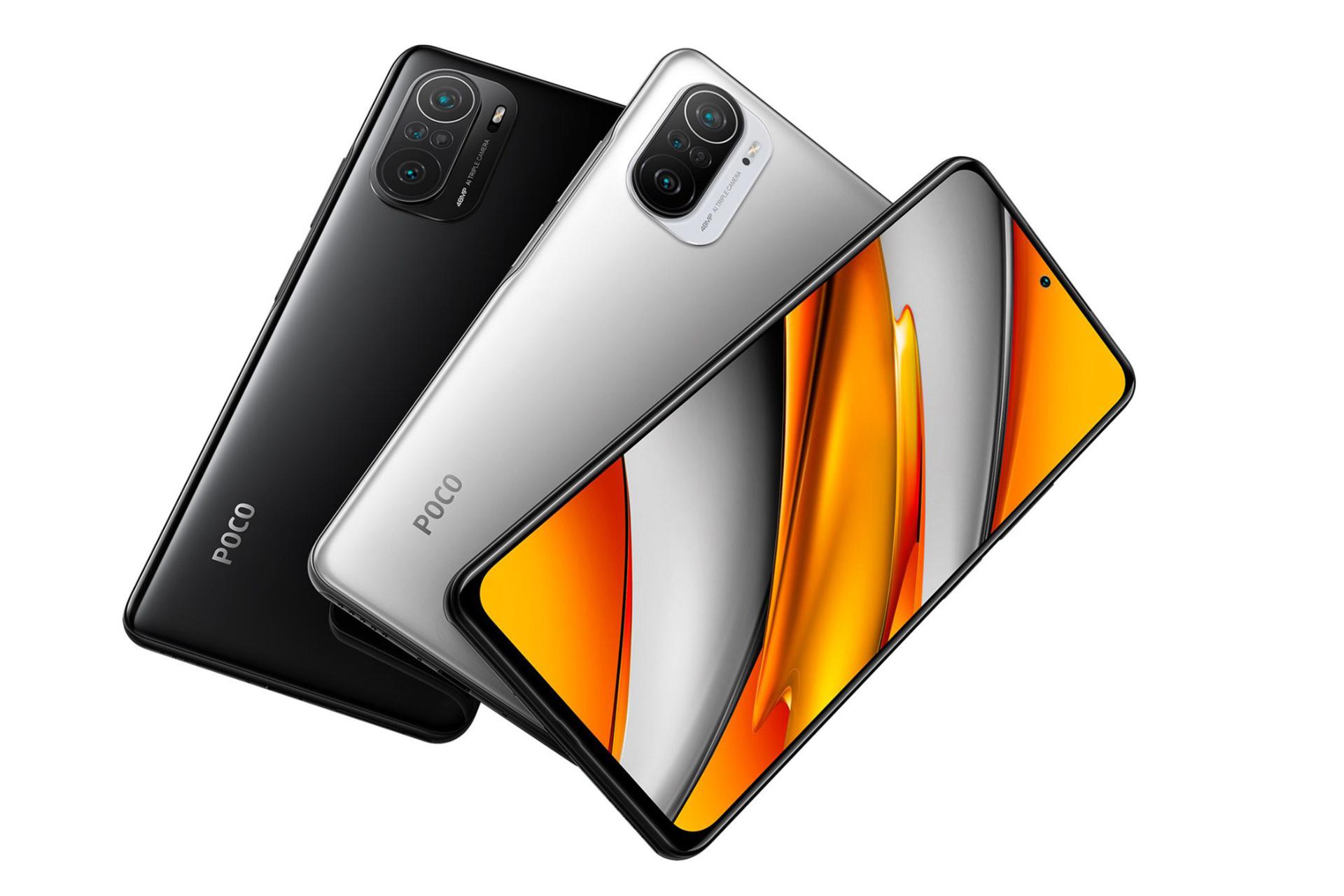  نمای پشت و جلو گوشی پوکو اف ۳ شیائومی در رنگ‌ های مشکی و سفید