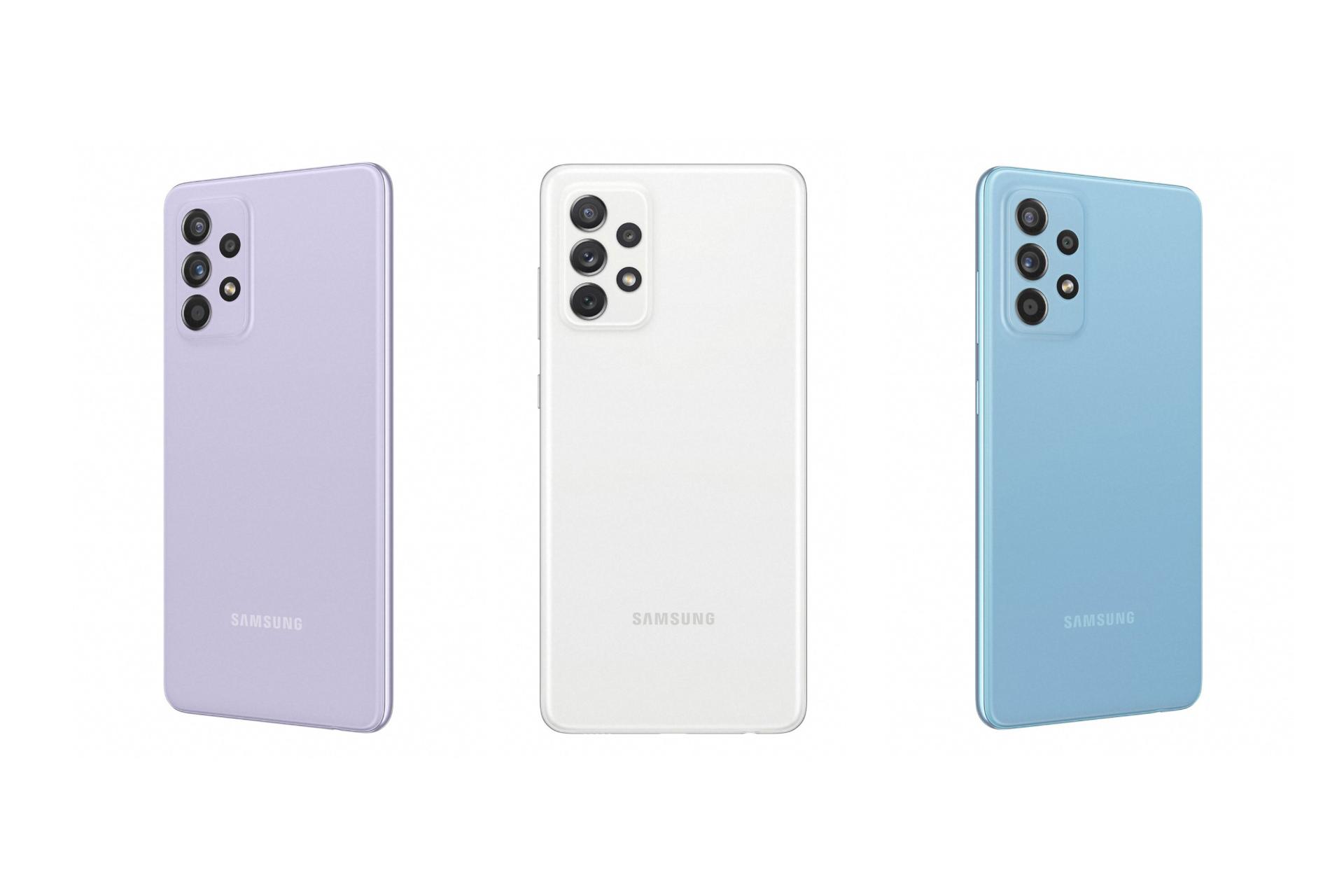 نمای پشت موبایل گلکسی A52 سامسونگ رنگ آبی، سفید و بنفش