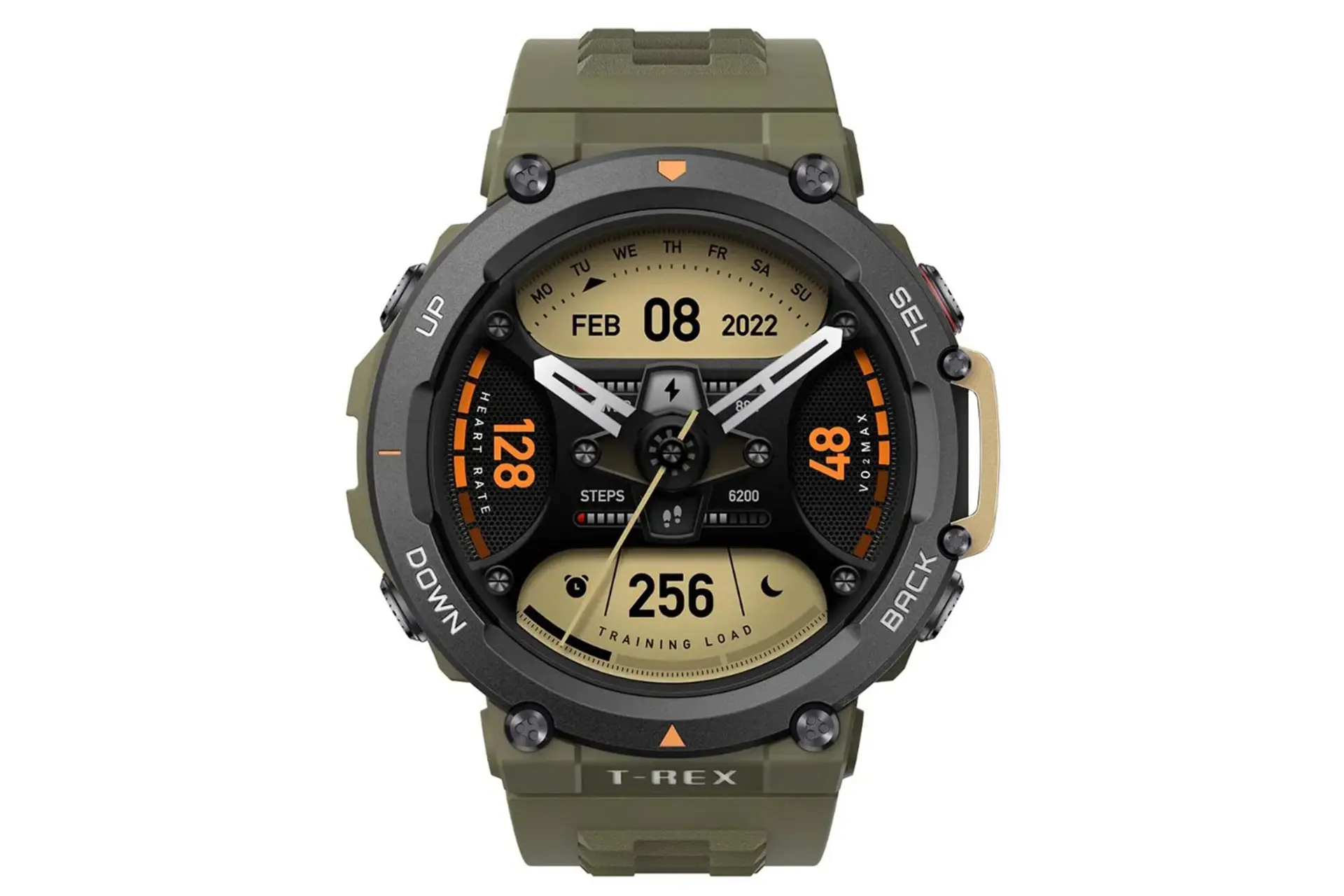 نمای جلو ساعت هوشمند امیزفیت T Rex 2 رنگ خاکی