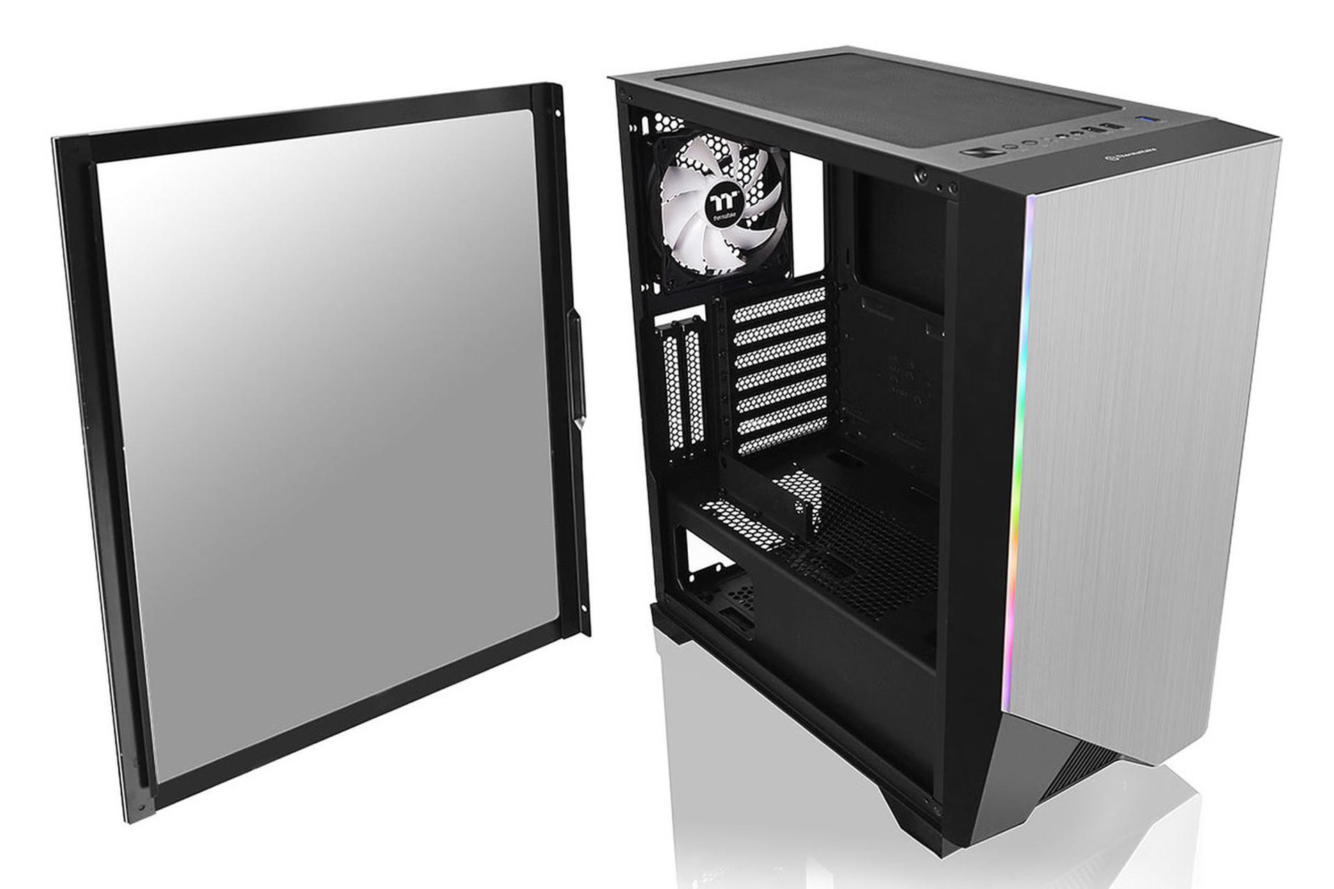 نمای نیم رخ جلو و درب شیشه ای سمت چپ کیس کامپیوتر ترمالتیک H550 TG ARGB