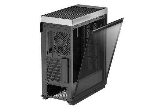 نمای نیم رخ عقب و درب شیشه ای سمت چپ کیس کامپیوتر دیپ کول CL500 4F