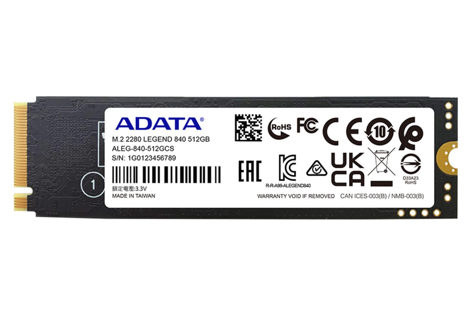نمای پشت SSD ای دیتا LEGEND 840 NVMe M.2 ظرفیت 512 گیگابایت