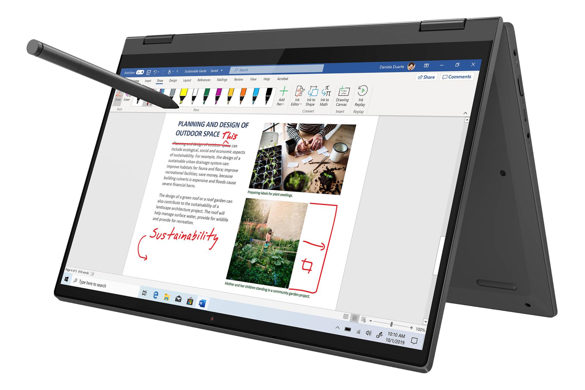 نمای نیمرخ لپ تاپ لنوو آیدیاپد فلکس 5 به همراه قلم لمسی