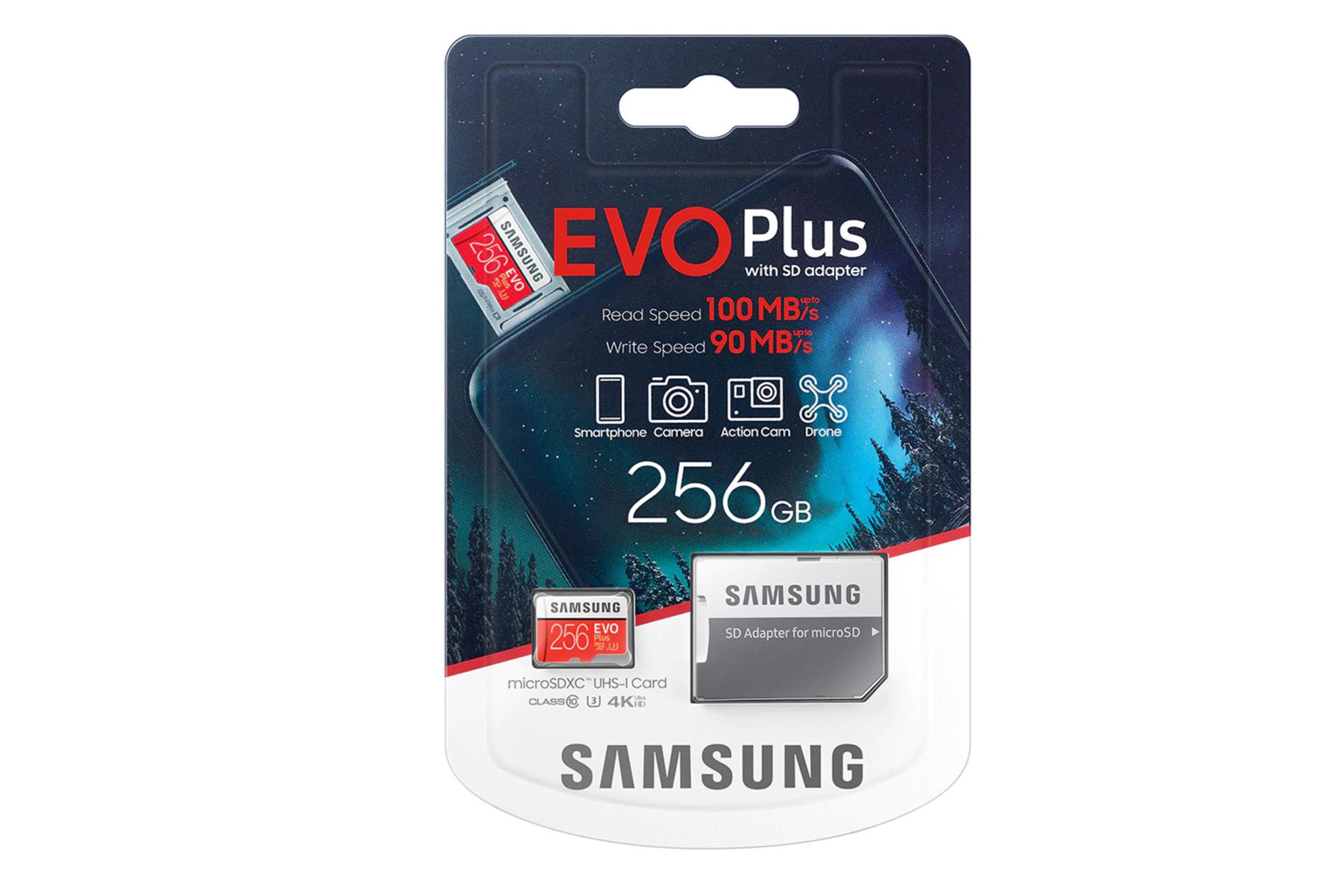 جعبه مموری کارت سامسونگ microSDXC با ظرفیت 256 گیگابایت مدل Evo Plus کلاس 10