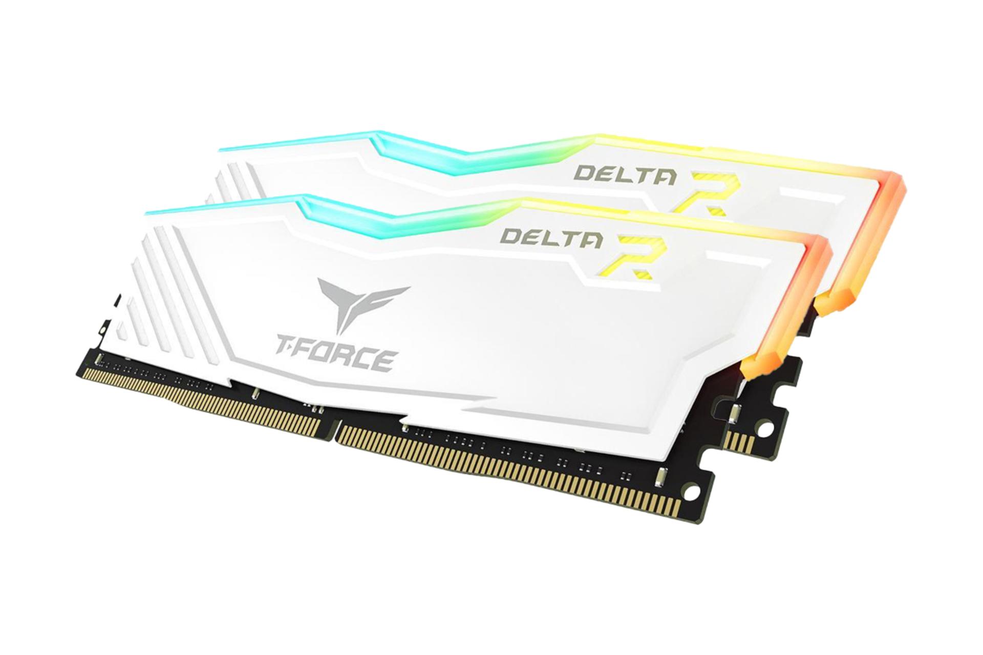 رم تیم گروپ T-FORCE DELTA RGB ظرفیت 16 گیگابایت (2x8) از نوع DDR4-3600 نمای جانبی سفید
