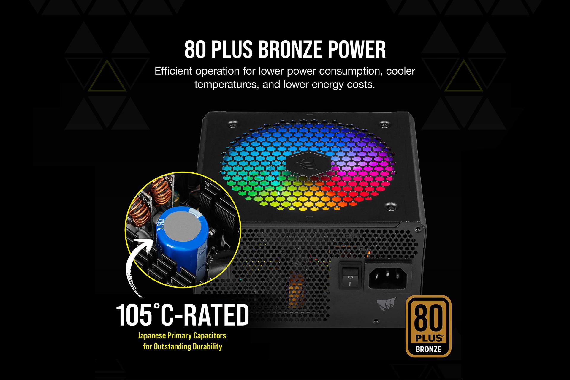 پاور کامپیوتر کورسیر CX650F RGB با توان 650 وات خازن ژاپنی