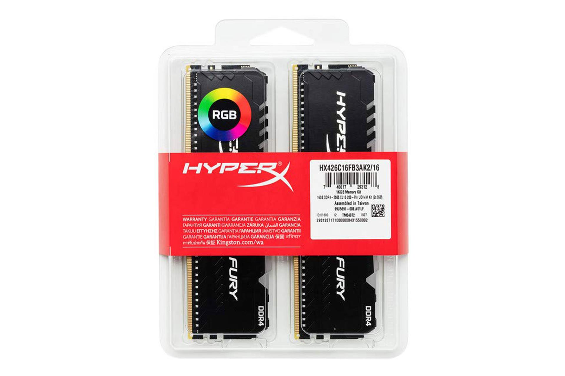 رم هایپر ایکس Fury RGB ظرفیت 16 گیگابایت (2x8) از نوع DDR4-3200 بسته بندی