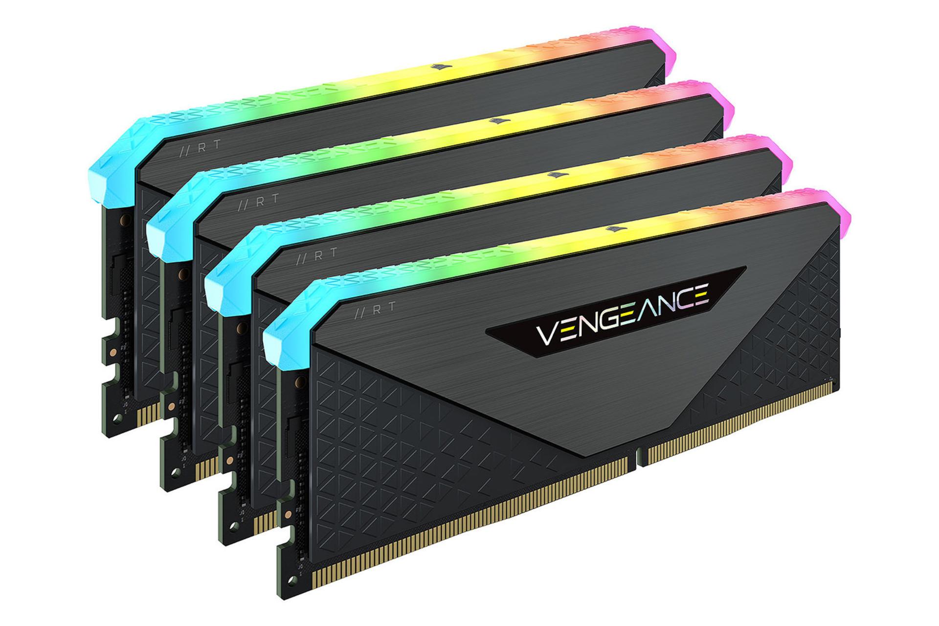 نمای جلوی رم کورسیر VENGEANCE RGB RT ظرفیت 64 گیگابایت (2x32) از نوع DDR4-3600 بصورت چهارتایی از بغل