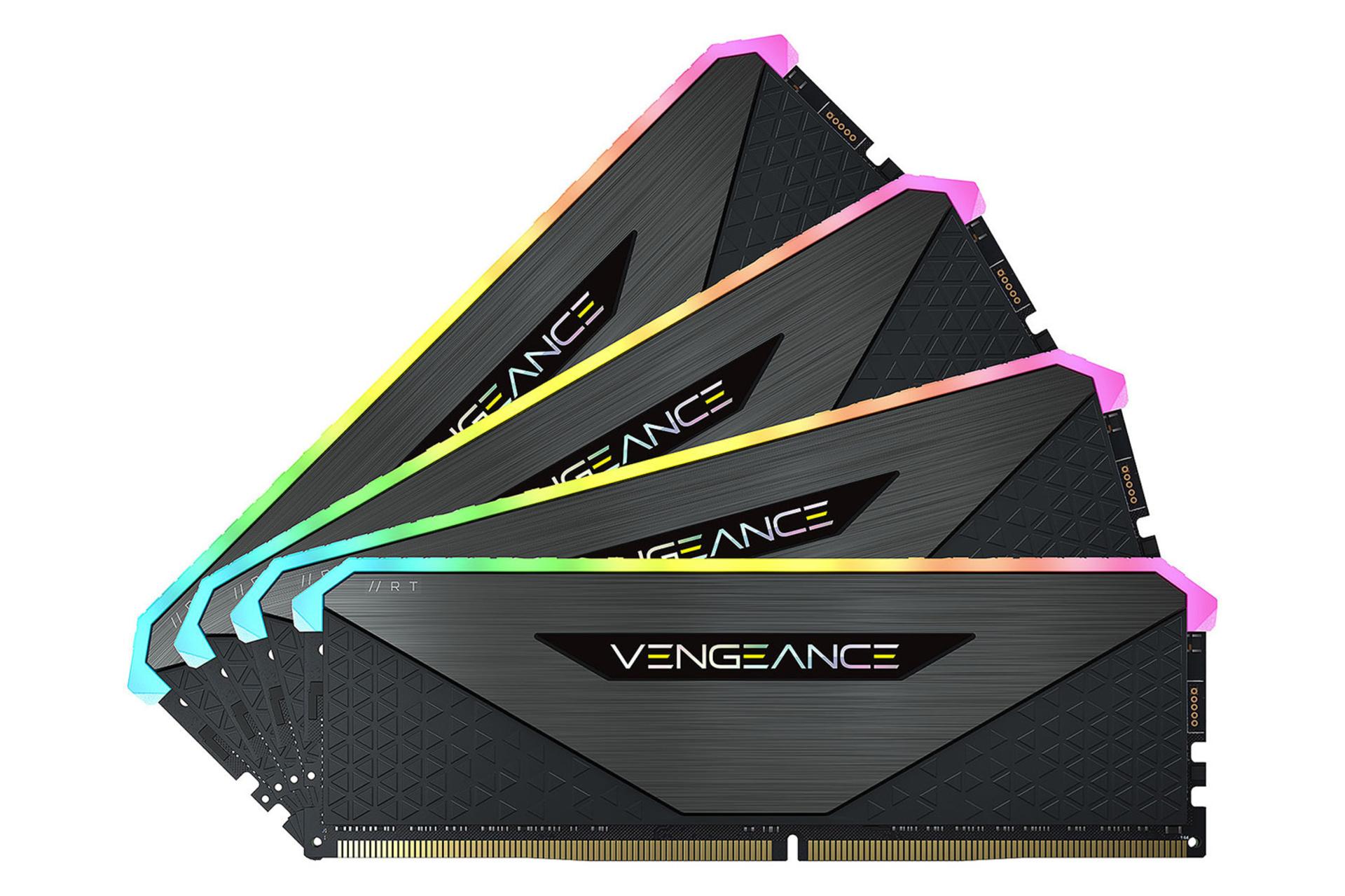 نمای روبروی رم کورسیر VENGEANCE RGB RT ظرفیت 64 گیگابایت (2x32) از نوع DDR4-3600 بصورت چهارتایی