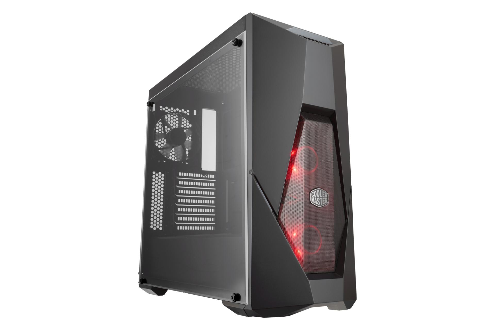 نمای نیم رخ جلو و درب شیشه‌ای سمت چپ کیس کامپیوتر کولر مستر MASTERBOX K500L