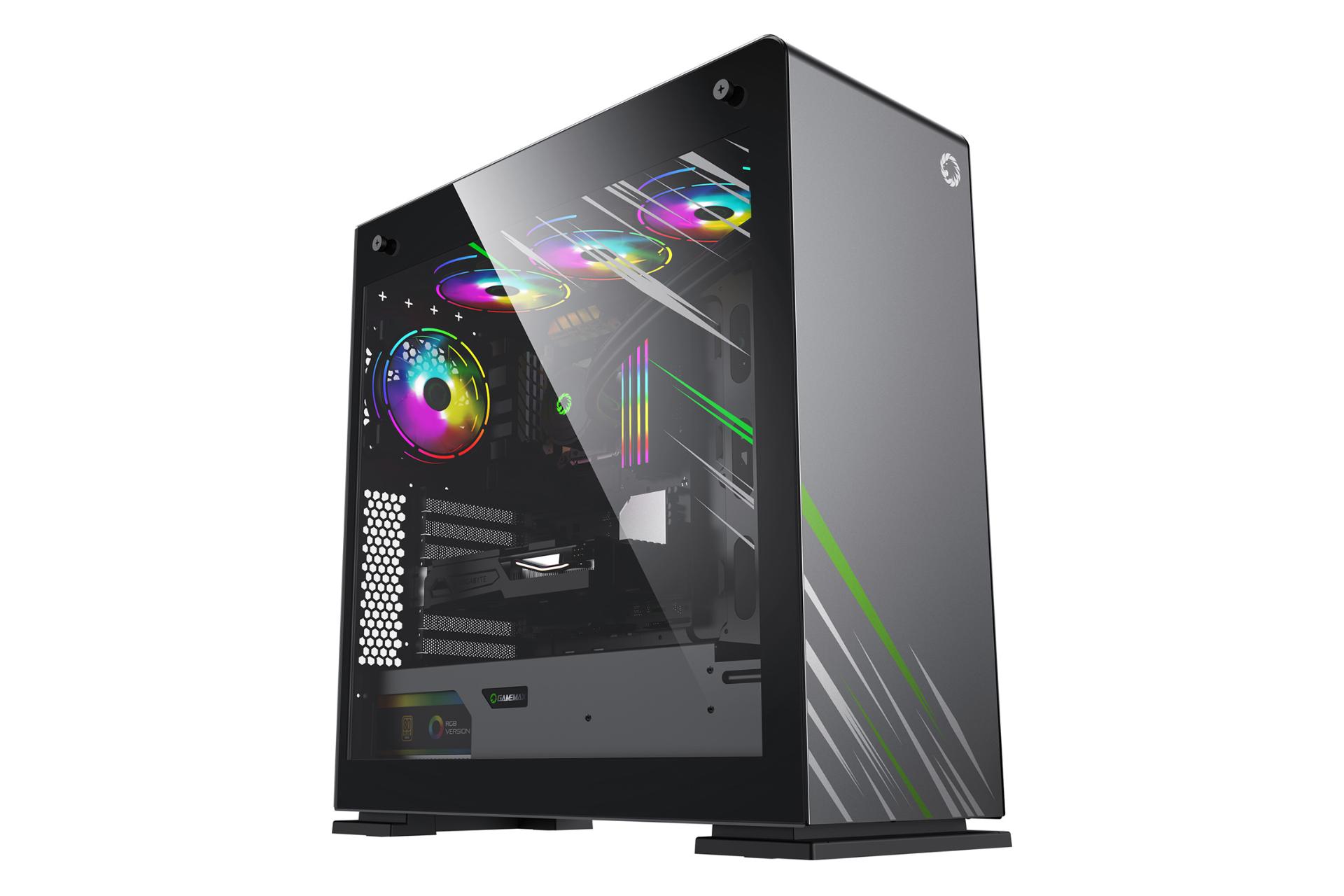 نمای نیم رخ جلو و پنل شیشه‌ای سمت چپ کیس کامپیوتر گیم مکس Vega Pro