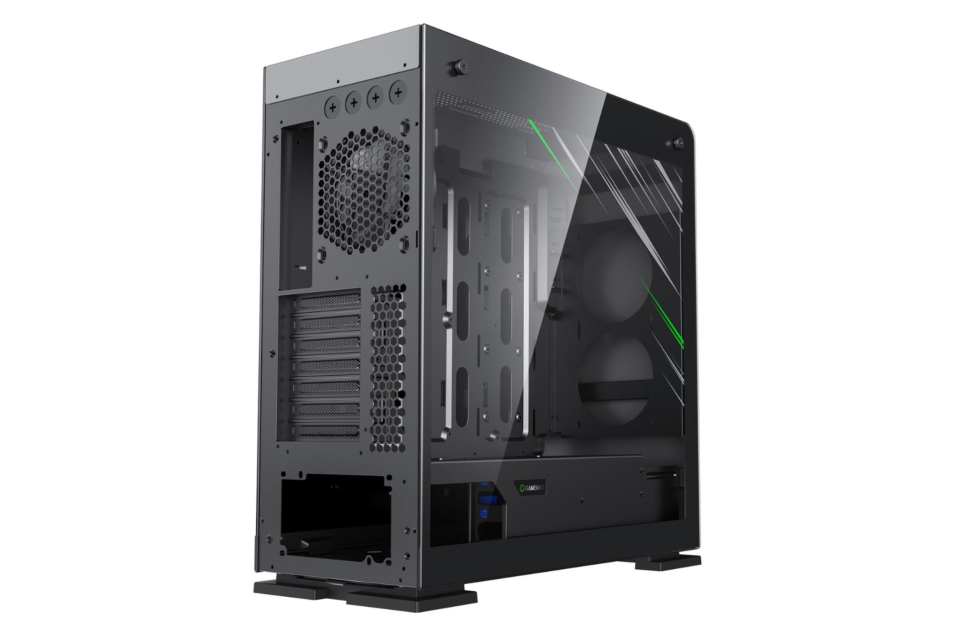 نمای نیم رخ عقب و پنل شیشه‌ای سمت چپ کیس کامپیوتر گیم مکس Vega Pro