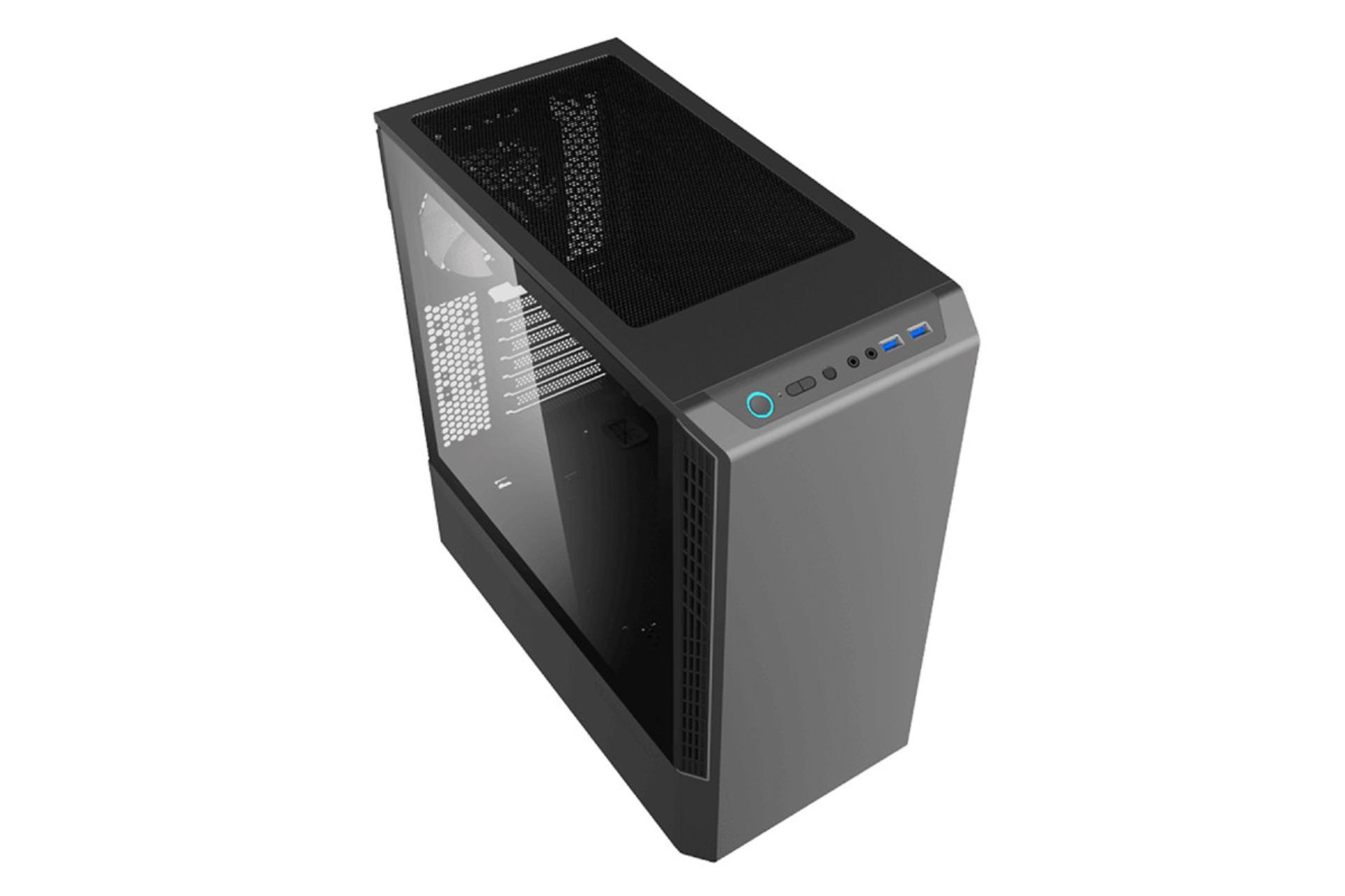 نمای جلو، سمت چپ، فیلتر و پورت‌های بالای کیس کامپیوتر گیم مکس Panda T802