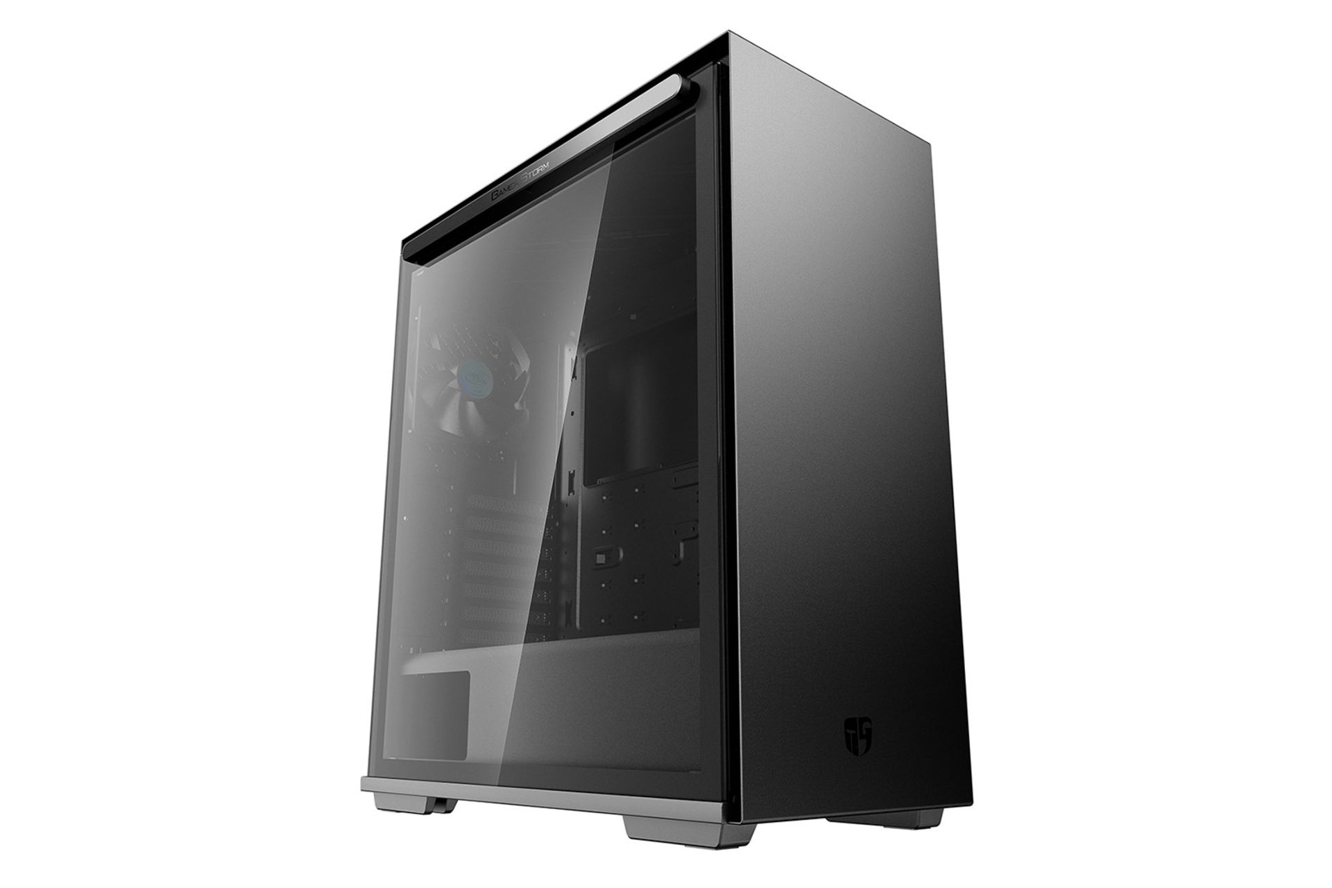 نمای نیم رخ جلو و پنل شیشه‌ای سمت چپ کیس کامپیوتر دیپ کول Macube 310P Gamer Storm