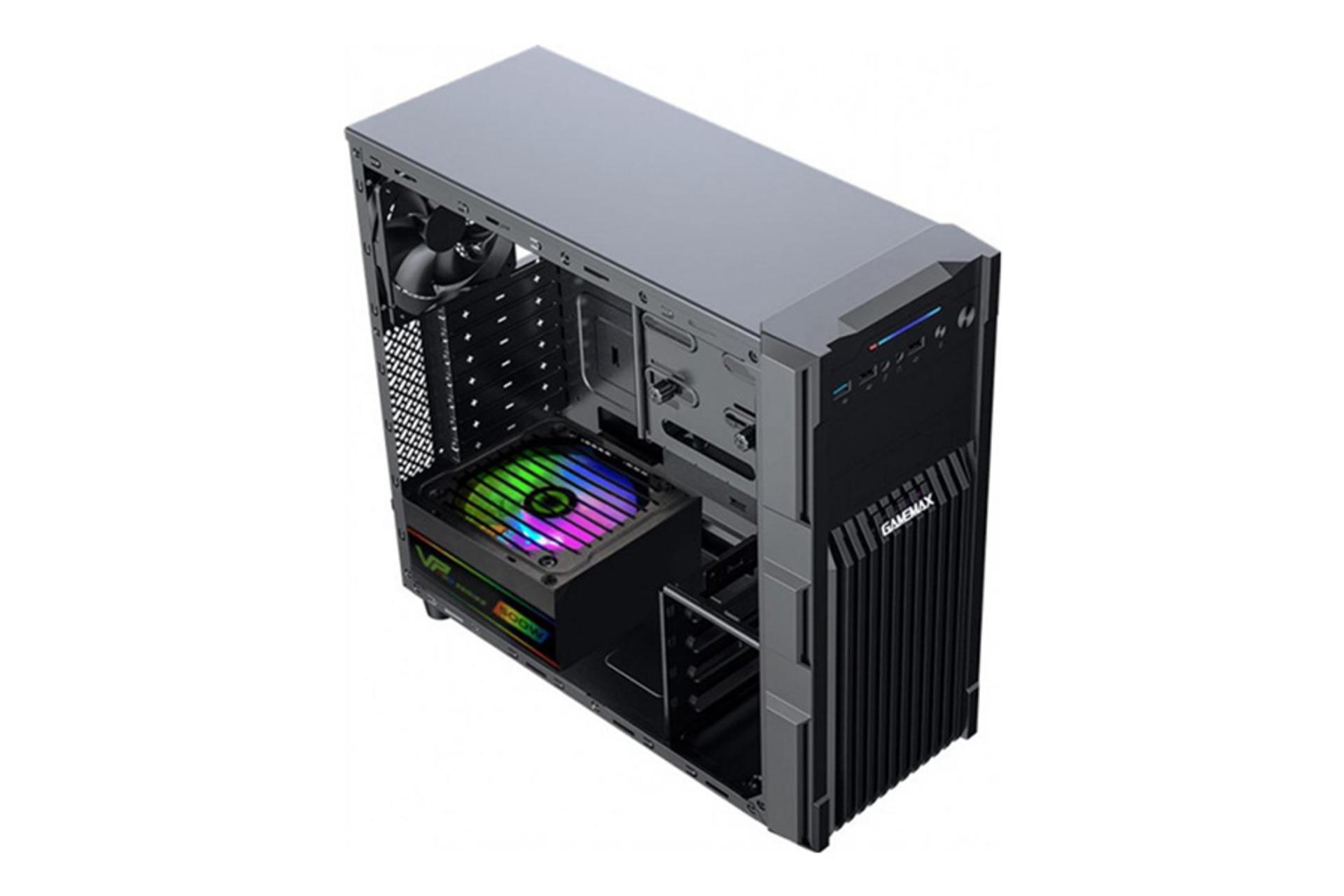 نمای نیم رخ جلو، بالا و داخل سمت چپ کیس کامپیوتر گیم مکس GM-ONE FRGB