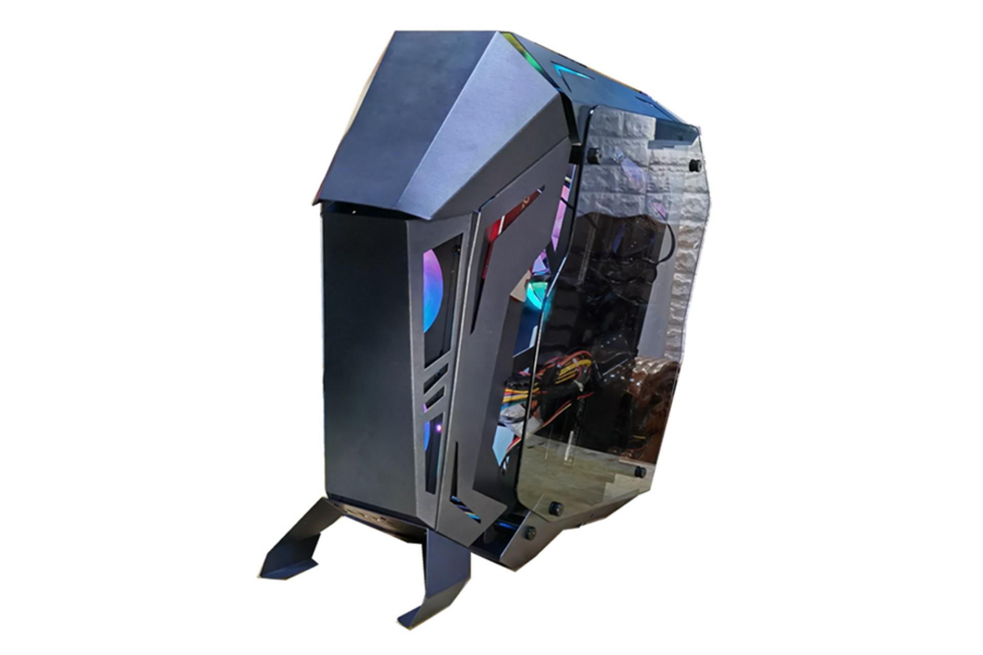 نمای نیم رخ جلو و درب شیشه ای سمت راست سمت راست کیس کامپیوتر یونا مدل UN606