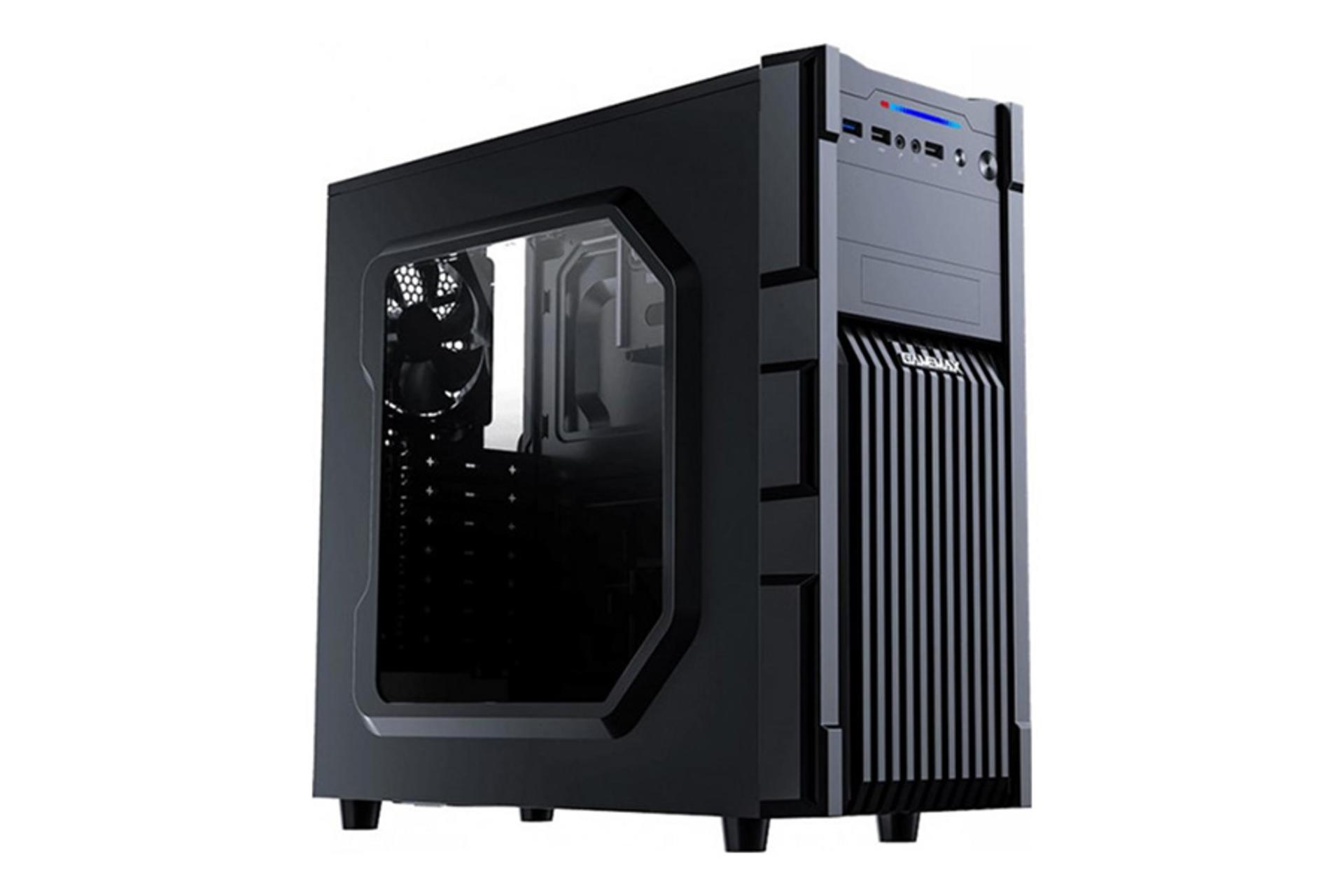 نمای نیم رخ جلو و درب شیشه ای سمت چپ کیس کامپیوتر گیم مکس GM-ONE FRGB