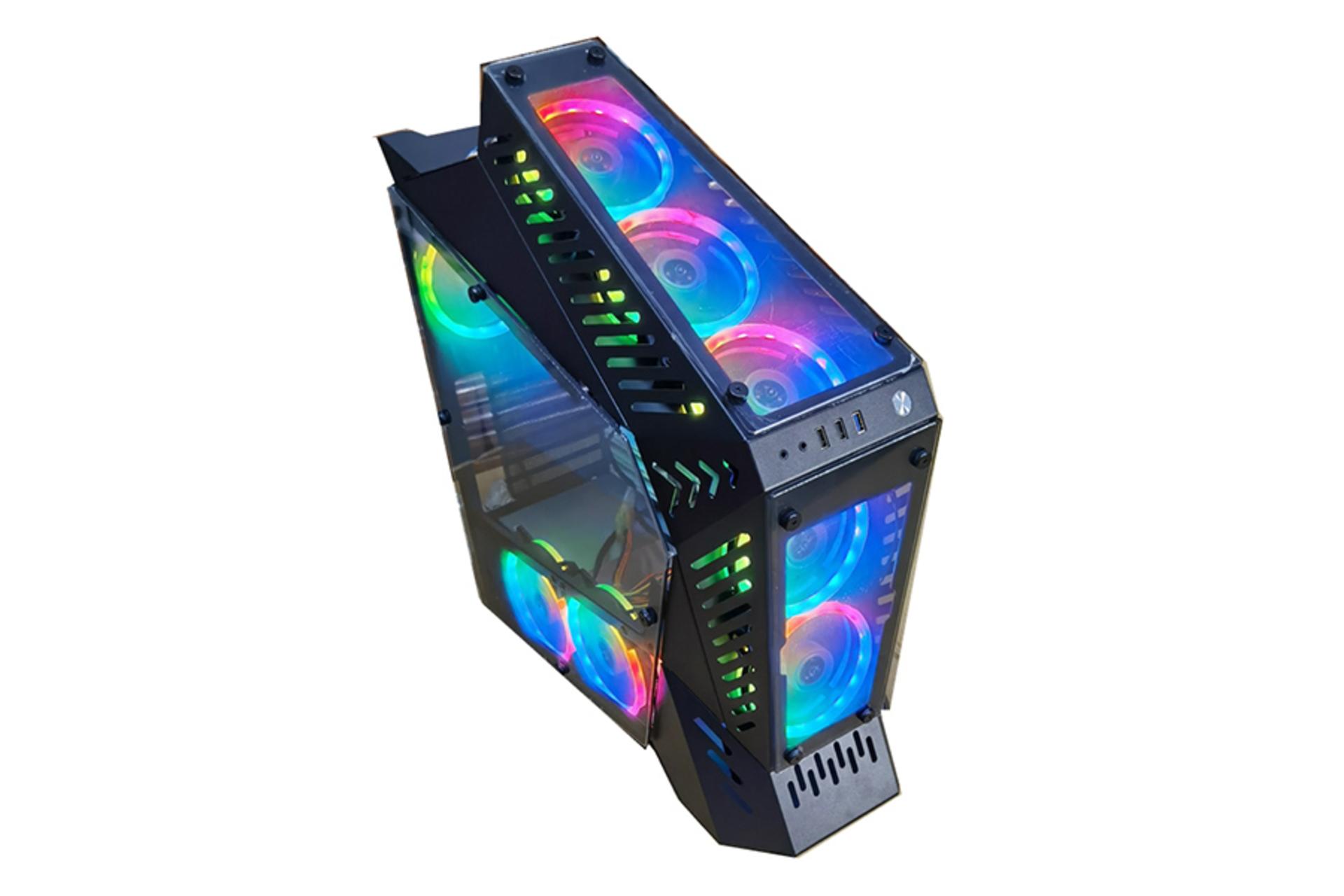 نمای نیم رخ جلو، بالا و سمت چپ به همراه نمایش نورپردازی فن های داخل کیس کامپیوتر یونا مدل UN603