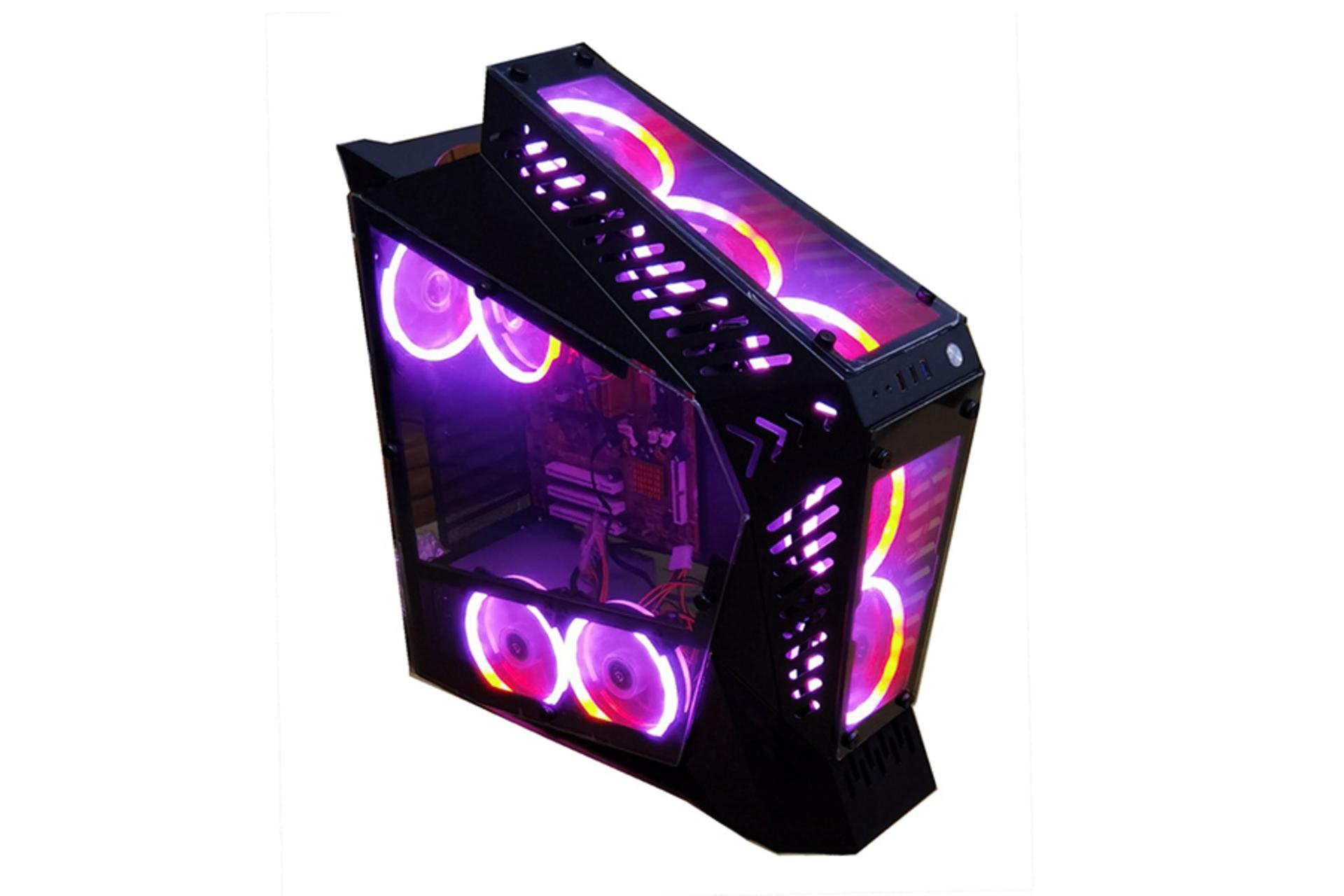 نمای نیم رخ جلو، بالا و سمت چپ به همراه نمایش نور بنفش فن های داخل کیس کامپیوتر یونا مدل UN603