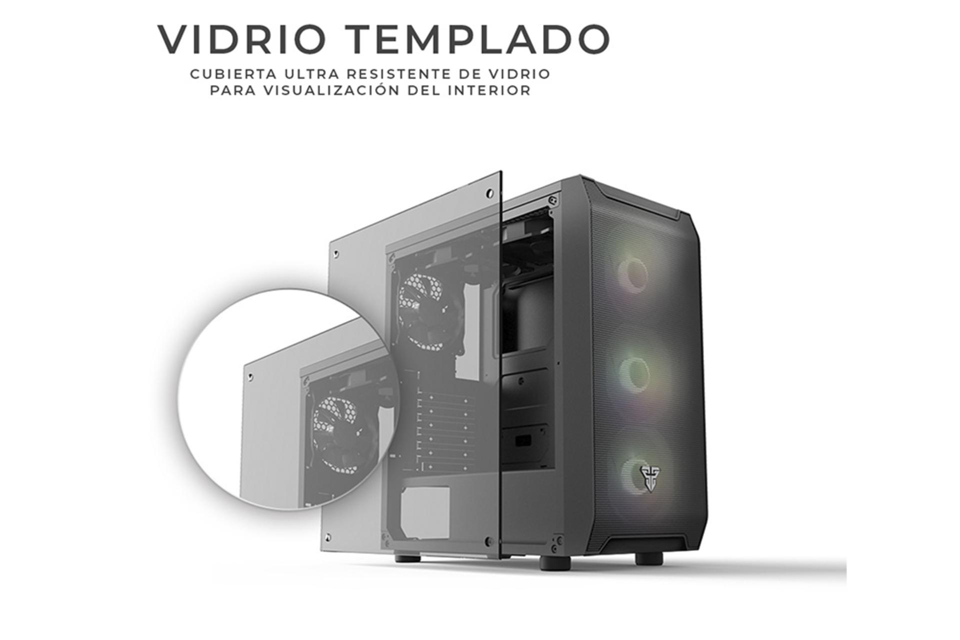 نمای نیم رخ جلو و درب شیشه ای سمت چپ کیس کامپیوتر فنتک AERO CG80