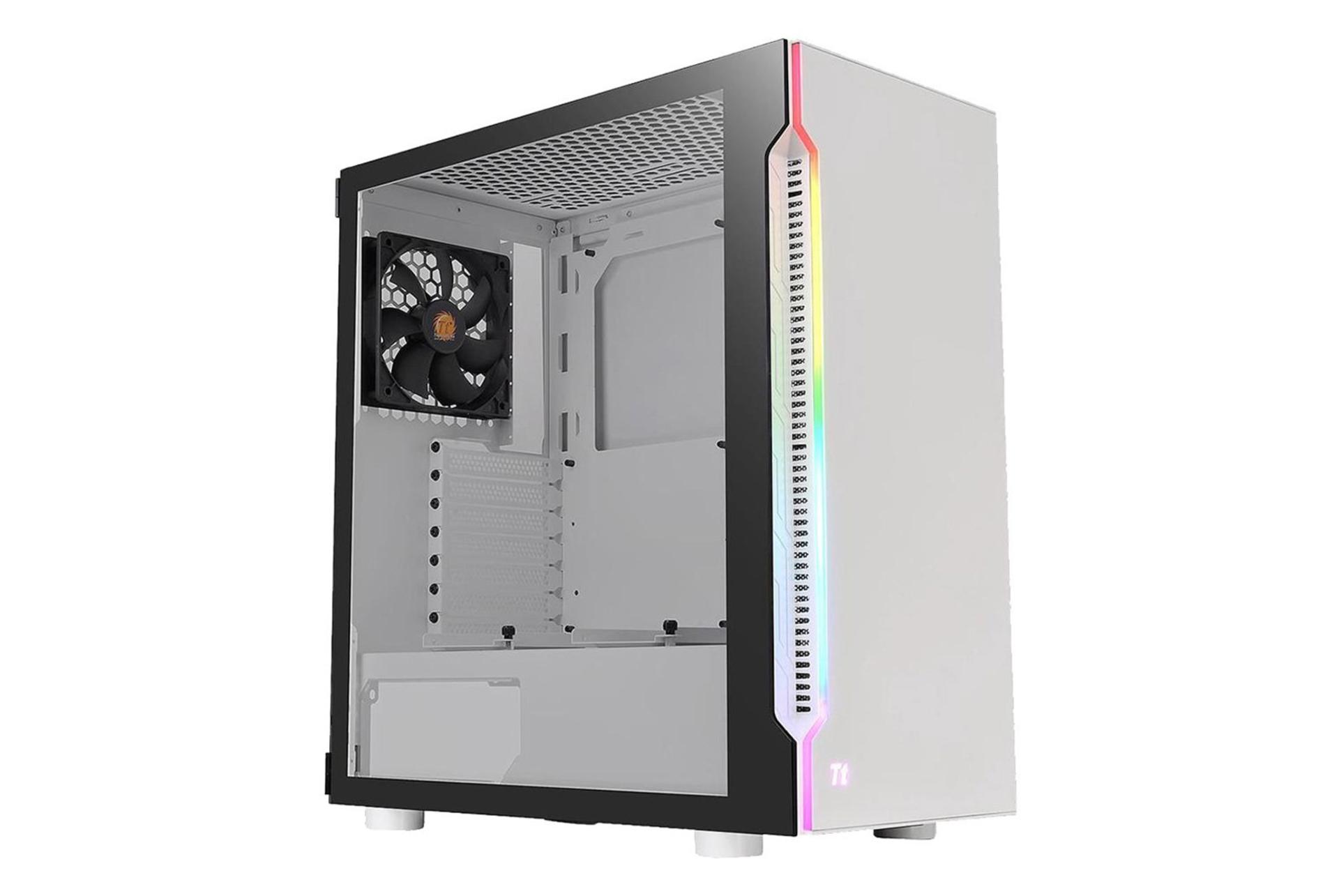 نمای نیم رخ جلو و داخل سمت چپ کیس کامپیوتر ترمالتیک H200 TG RGB رنگ سفید