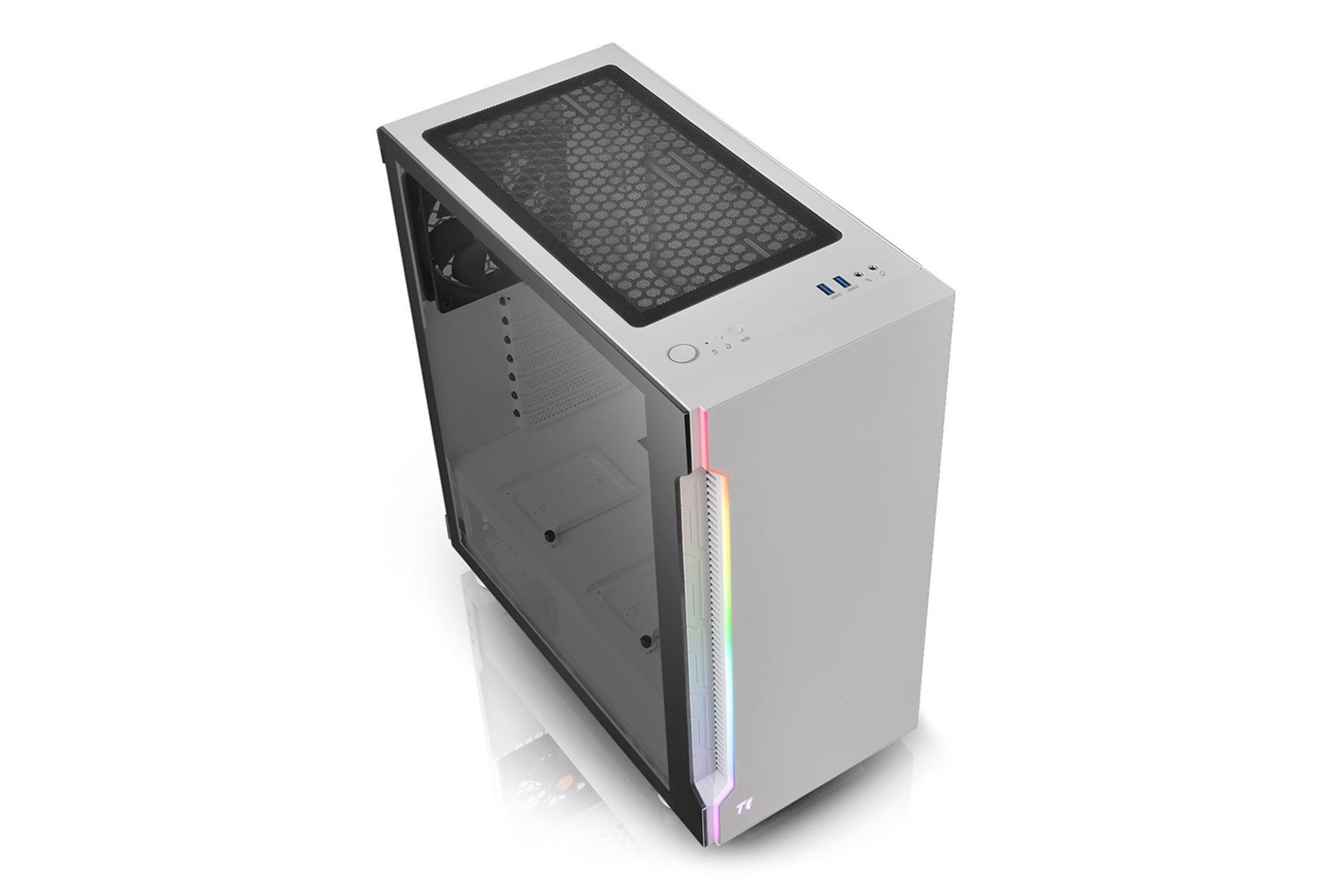 نمای نیم رخ جلو، بالا و سمت چپ کیس کامپیوتر ترمالتیک H200 TG RGB رنگ سفید