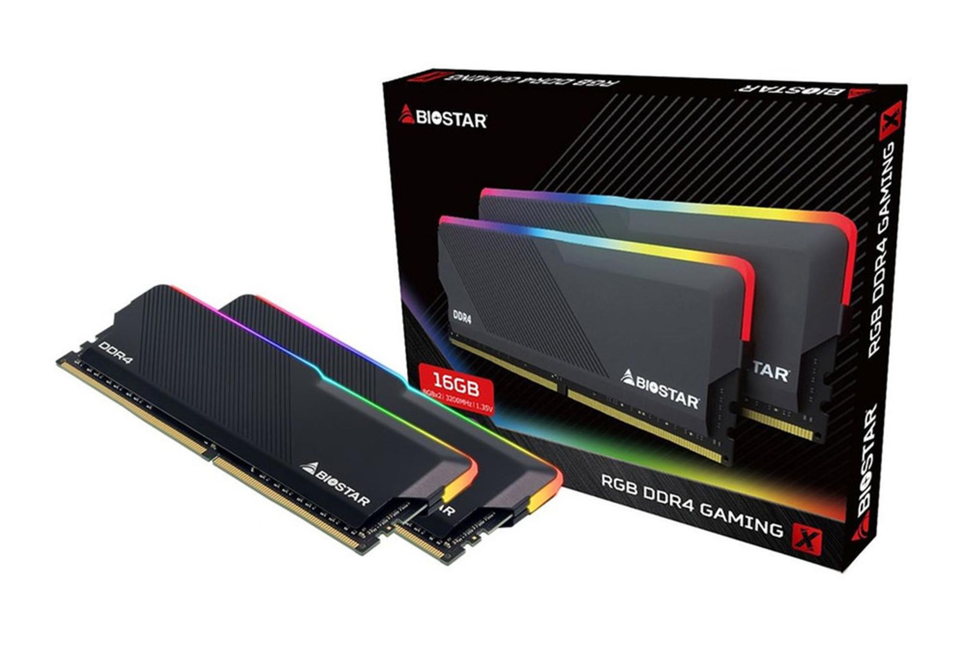  رم بایواستار GAMING X ظرفیت 16 گیگابایت (2x8) از نوع DDR4-3200 بسته بندی و نمای RGB