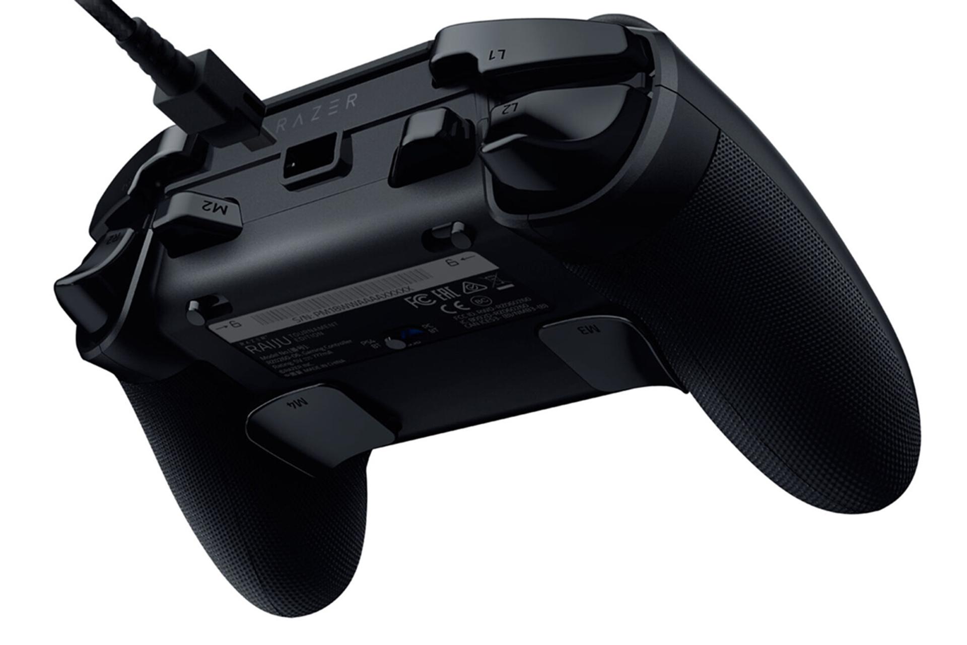 نمای نیم رخ پشت و بالای دسته بازی ریزر Raiju Tournament Edition وایرلس کنترلر