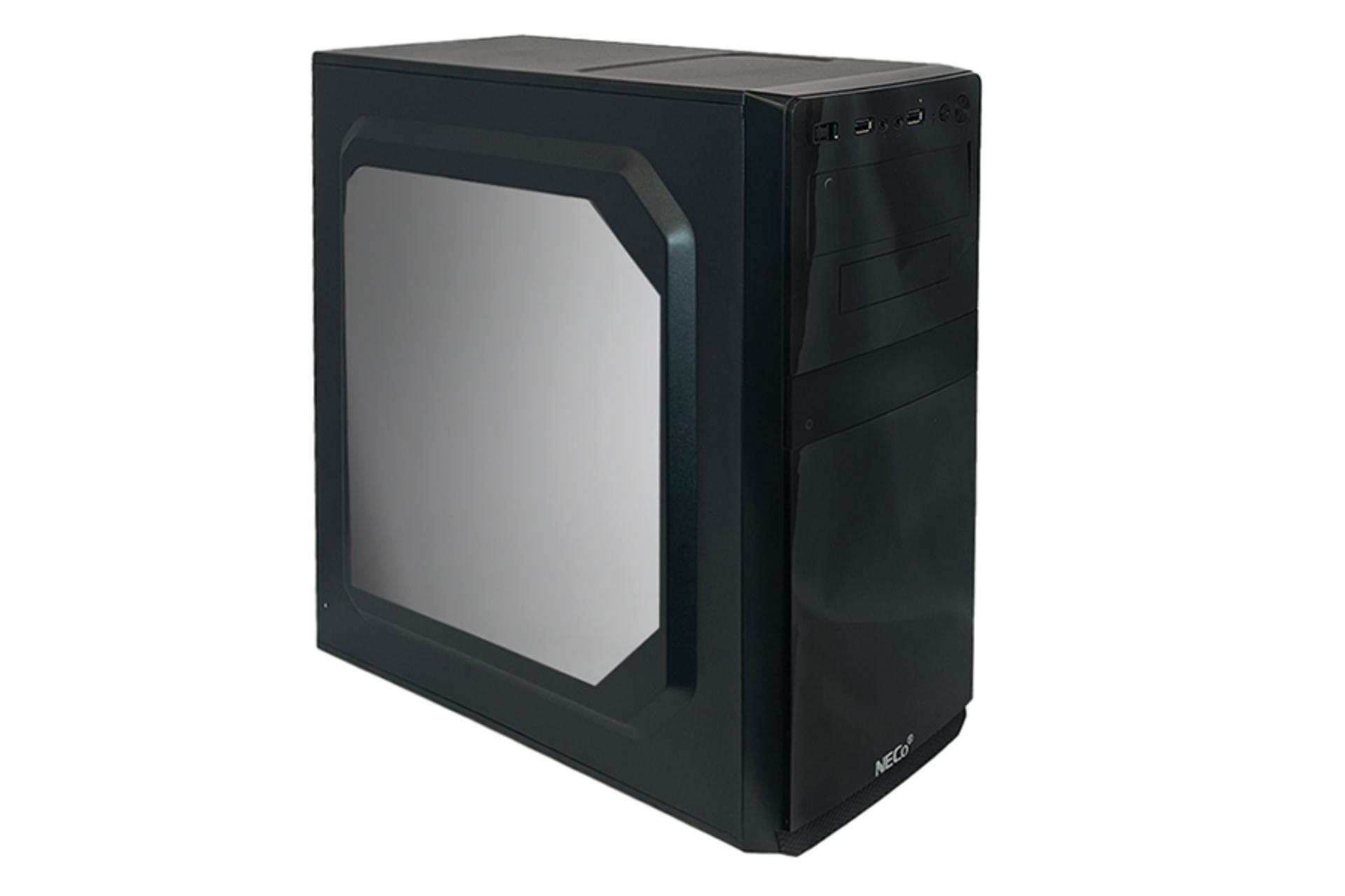 نمای نیم رخ جلو و درب شیشه ای سمت چپ کیس کامپیوتر نکو مدل NECO 5908 