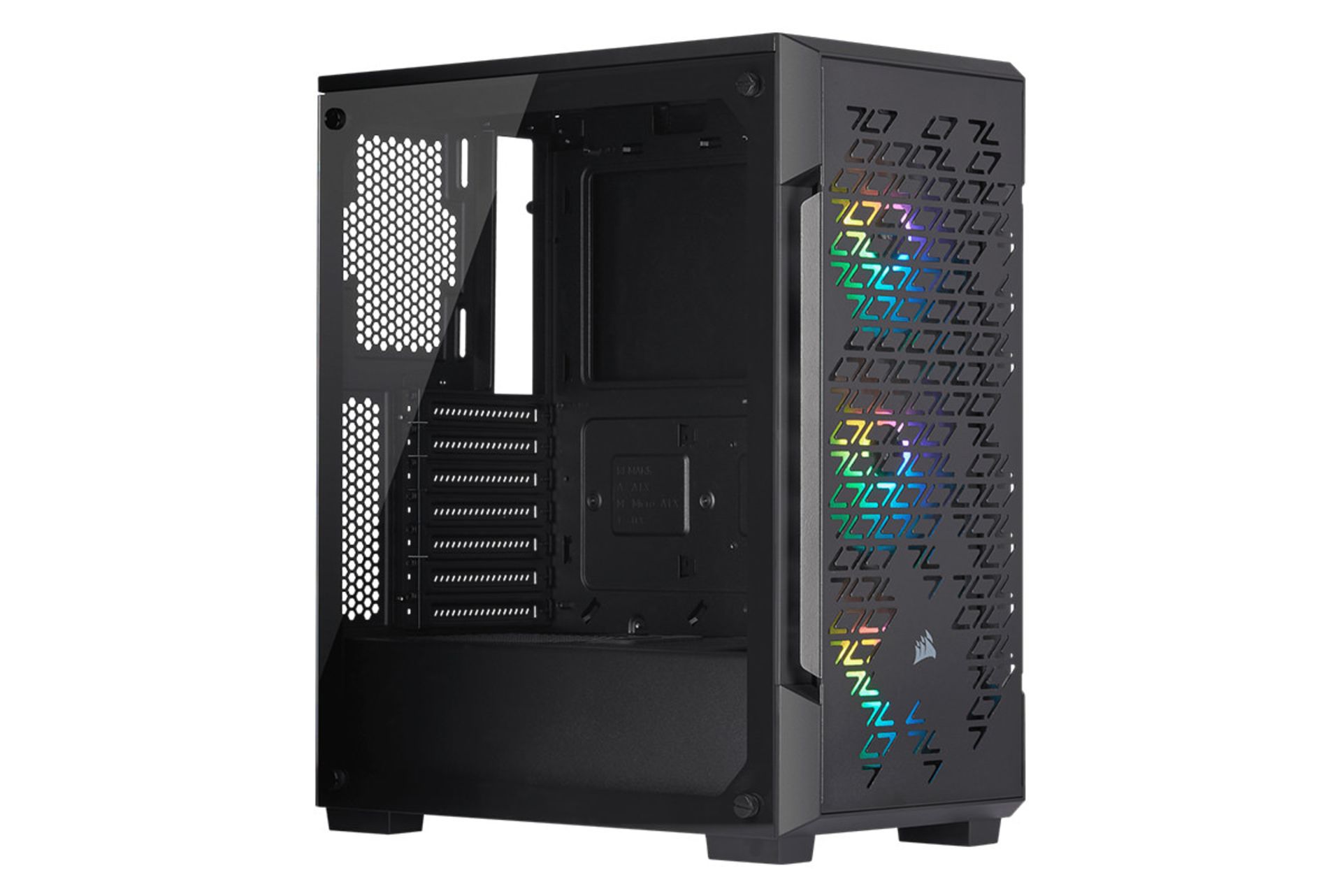 نمای نیم رخ جلو و درب شیشه ای سمت چپ کیس کامپیوتر کورسیر iCUE 220T RGB Airflow