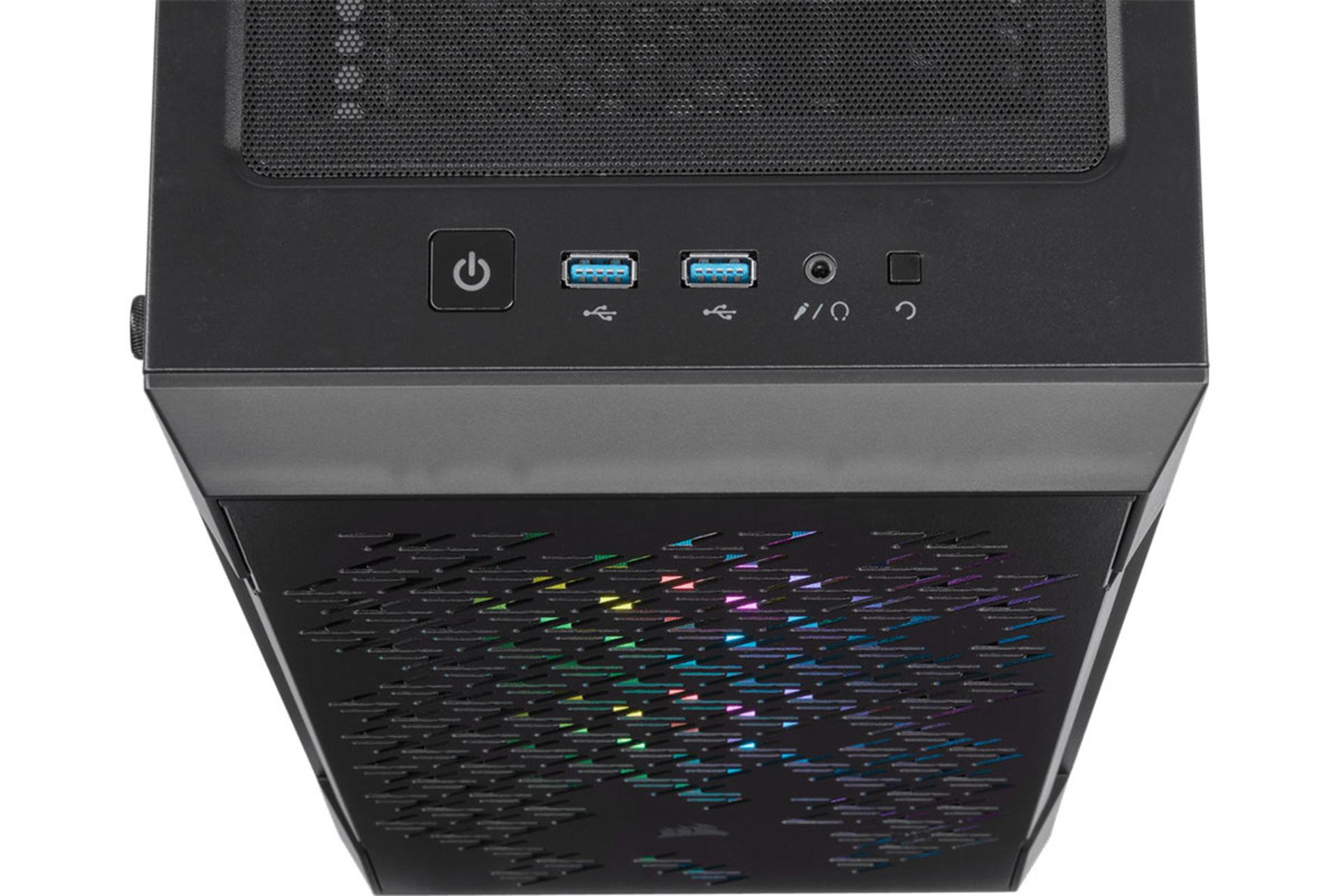 نمای پورت های بالای کیس کامپیوتر کورسیر iCUE 220T RGB Airflow