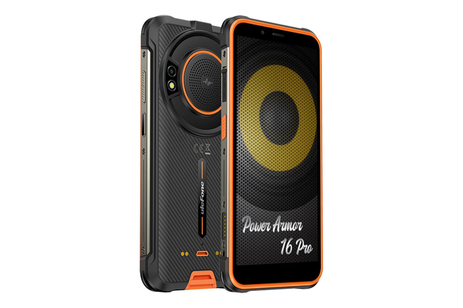 نمای جانبی گوشی موبایل پاور آرمور 16 پرو یولفون / Ulefone Power Armor 16 Pro مشکی و نارنجی