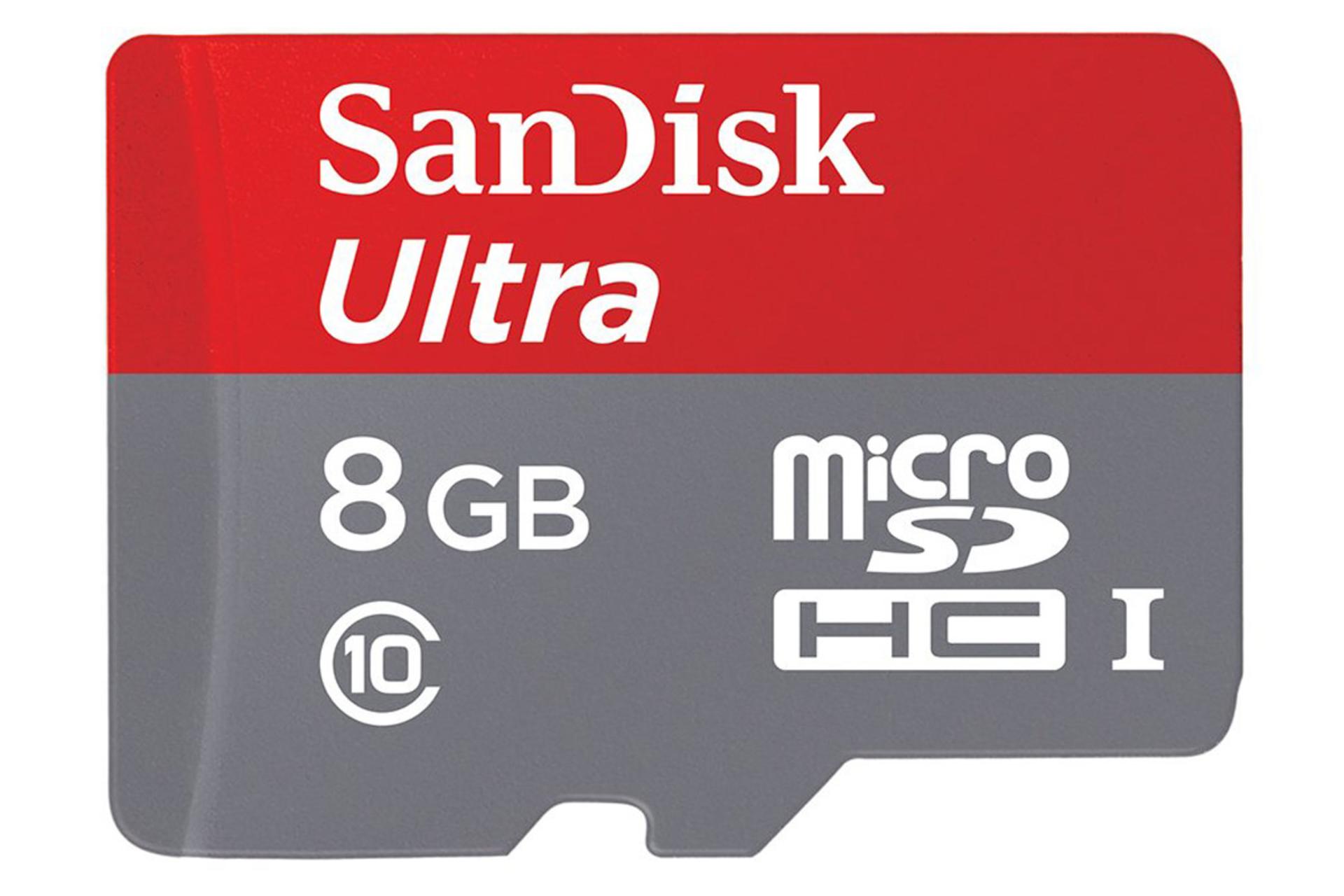 نمای روبرو کارت حافظه سن دیسک microSDHC با ظرفیت 8 گیگابایت مدل Ultra A1