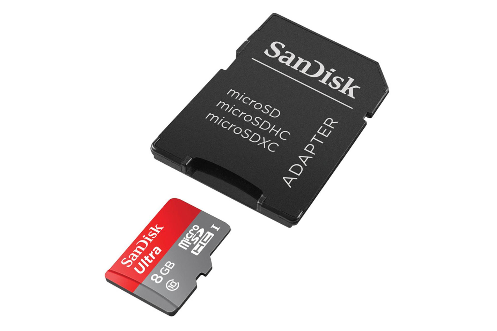 کارت حافظه سن دیسک microSDHC با ظرفیت 8 گیگابایت مدل Ultra A1 با آداپتور